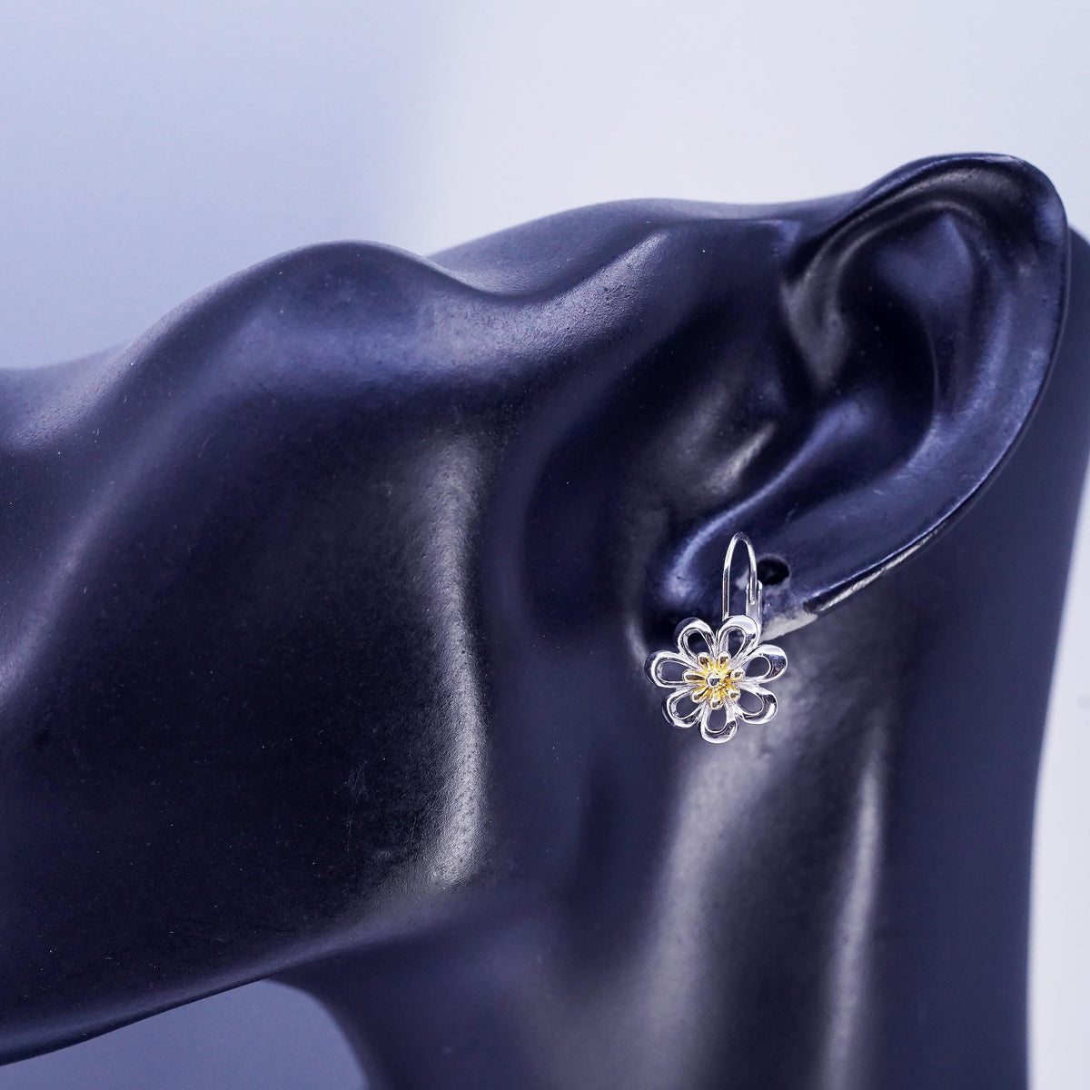 Vintage two tone Sterling 925 silver handmade flower earrings and lever back