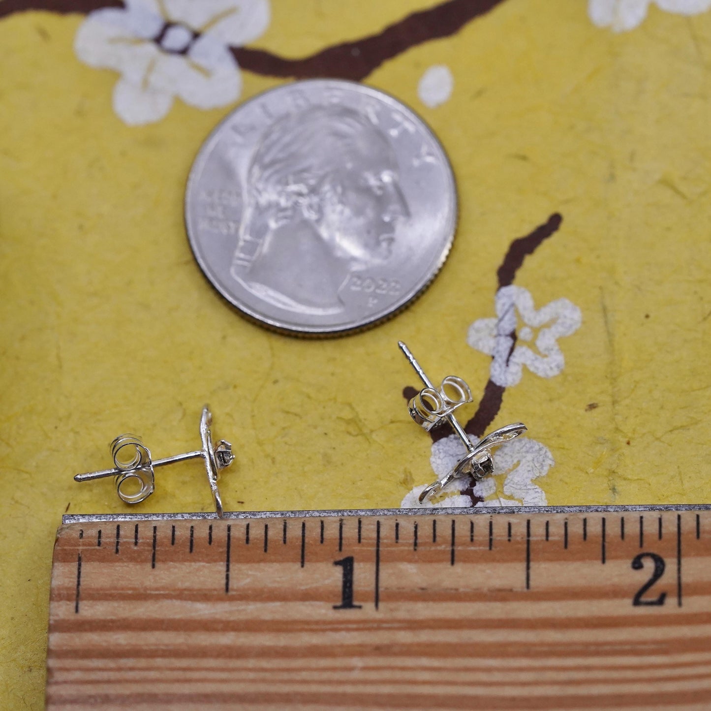 Vintage Sterling silver handmade earrings, 925 music note studs with cz