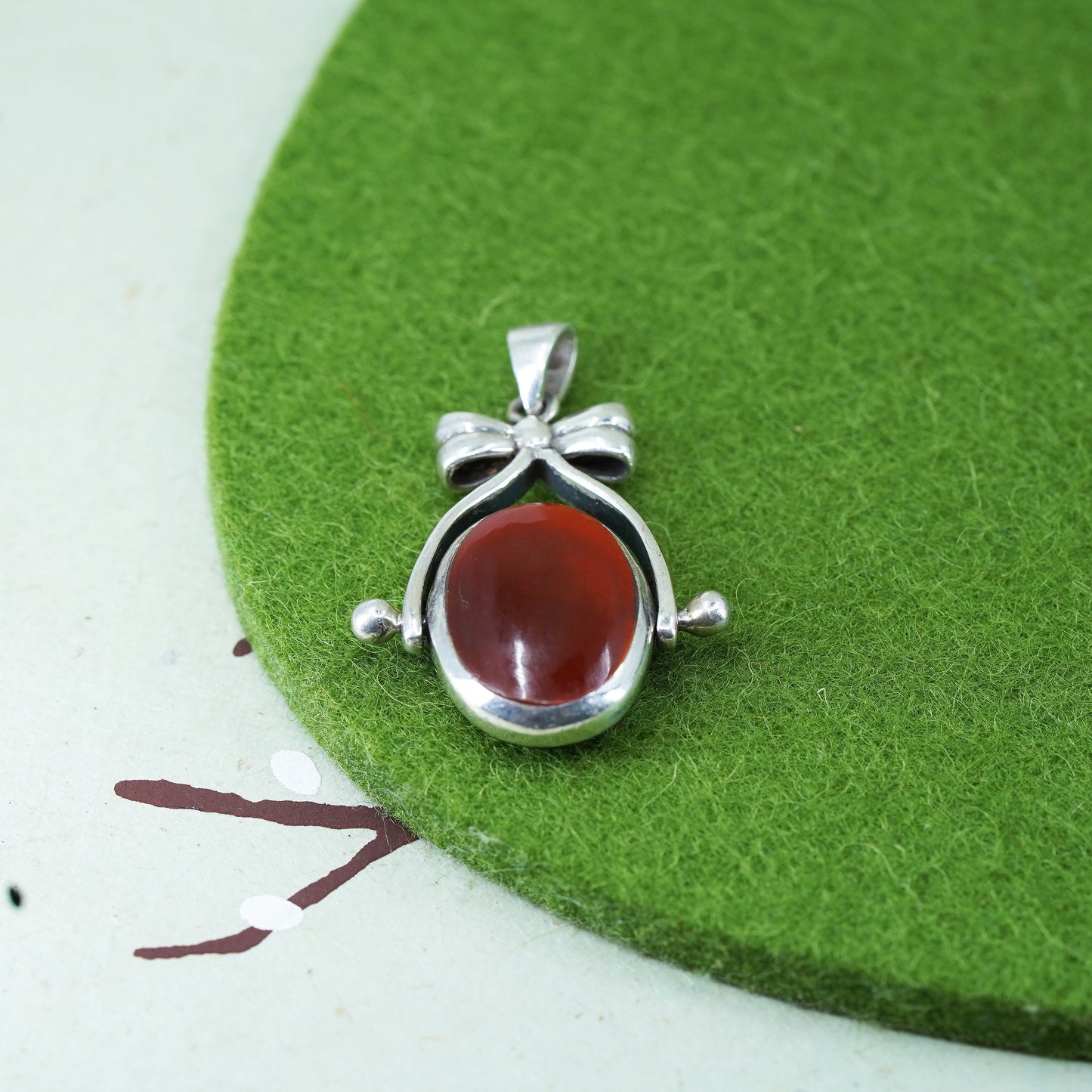 VTG Sterling 925 silver handmade double sided pendant with carnelian and jade