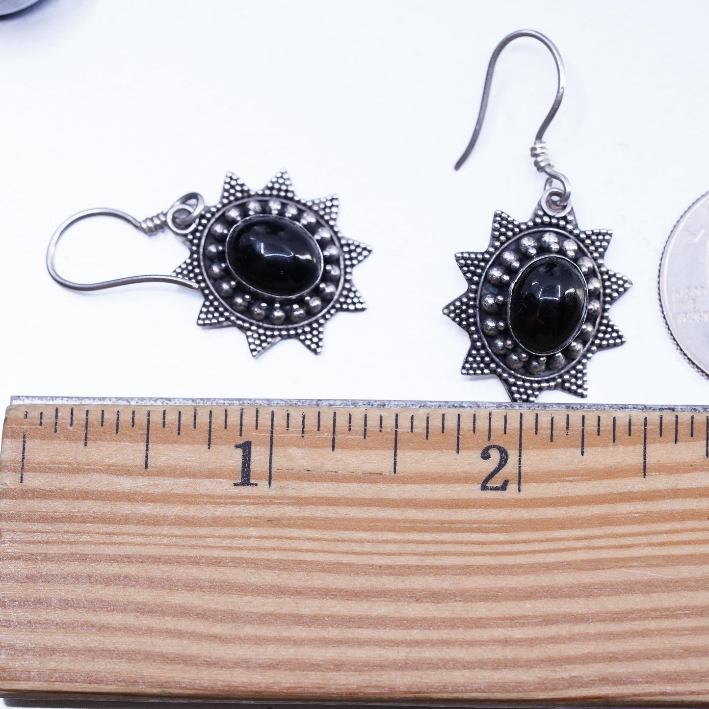 Vintage Sterling 925 silver handmade oval earrings with onyx and beads