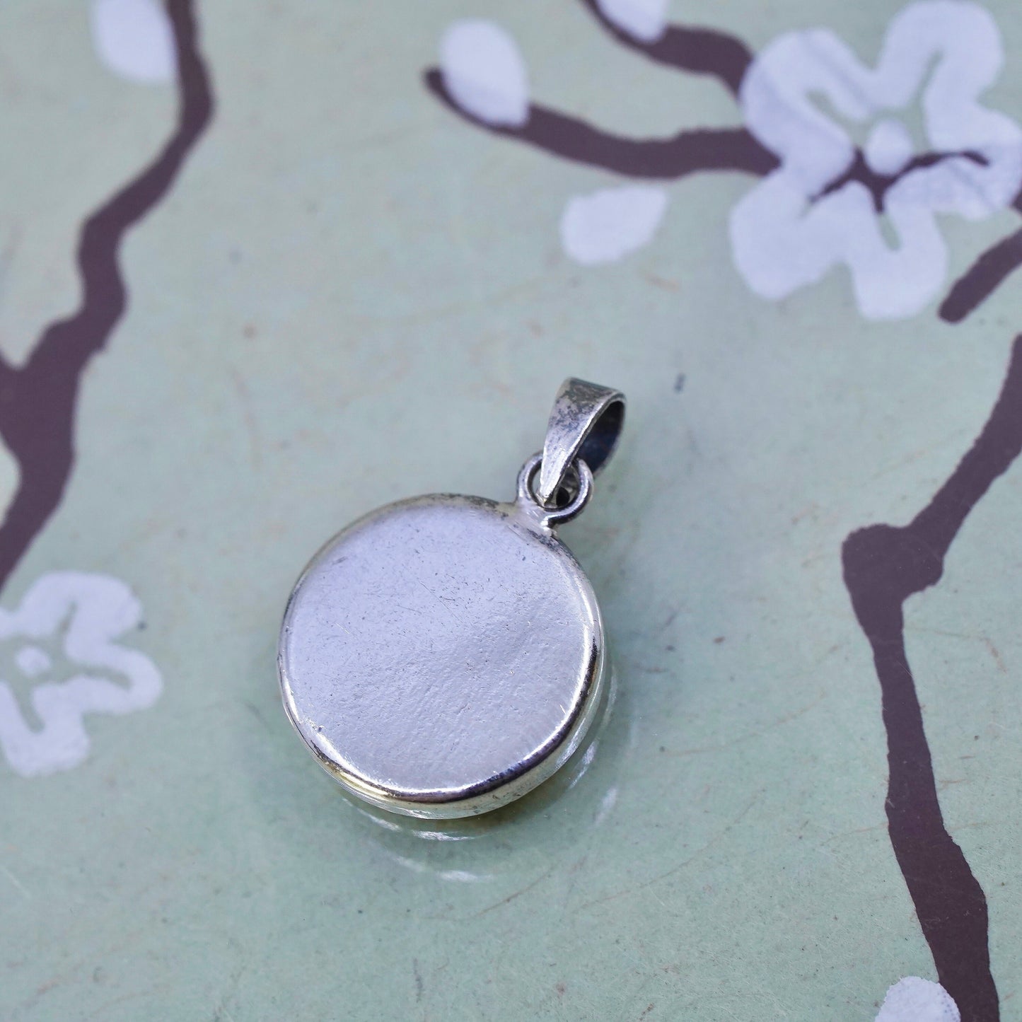 Vintage sterling silver handmade pendant, 925 yin yang circle with enamel inlay
