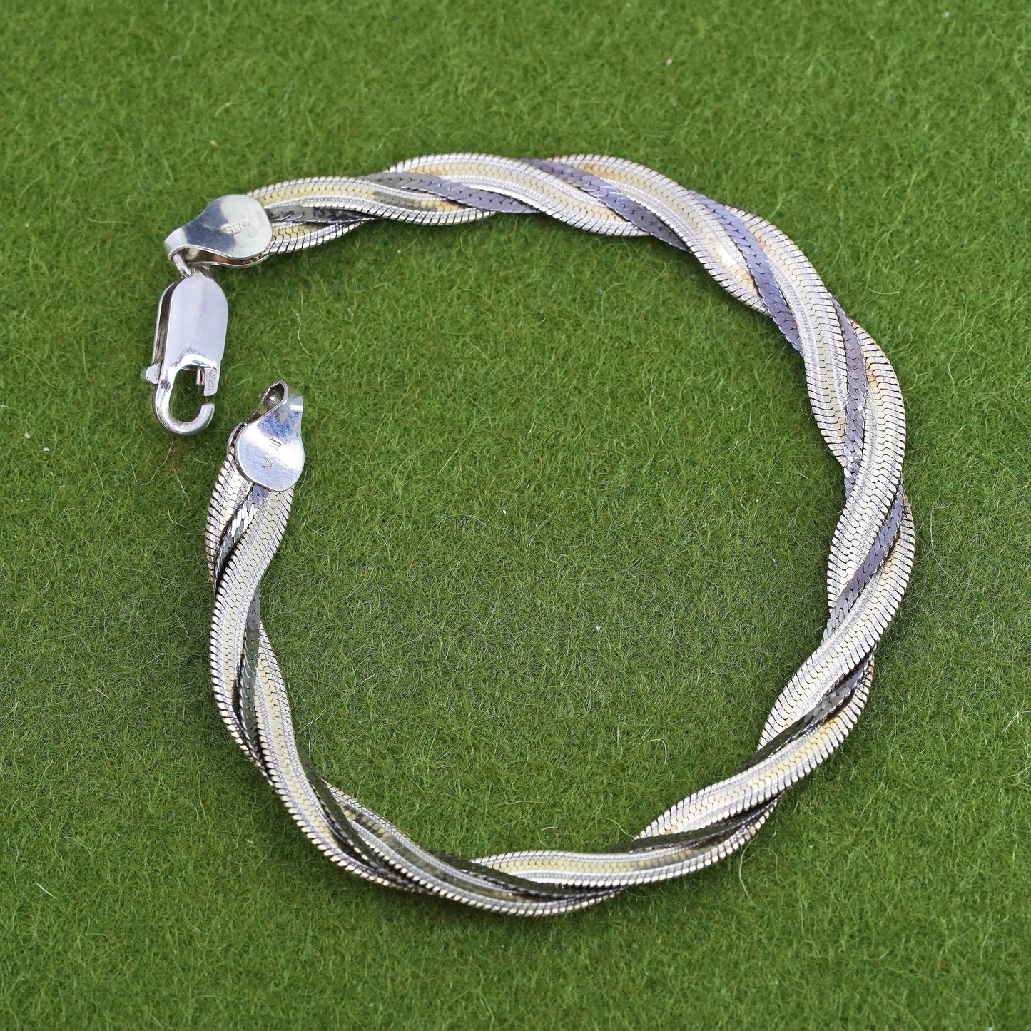 7" triple tone sterling silver handmade bracelet, 925 twisted herringbone chain