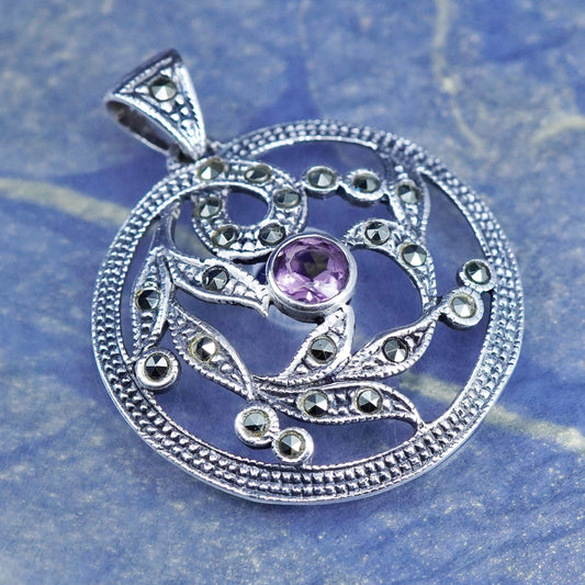 Vintage sterling 925 silver handmade circle pendant with amethyst and marcasite