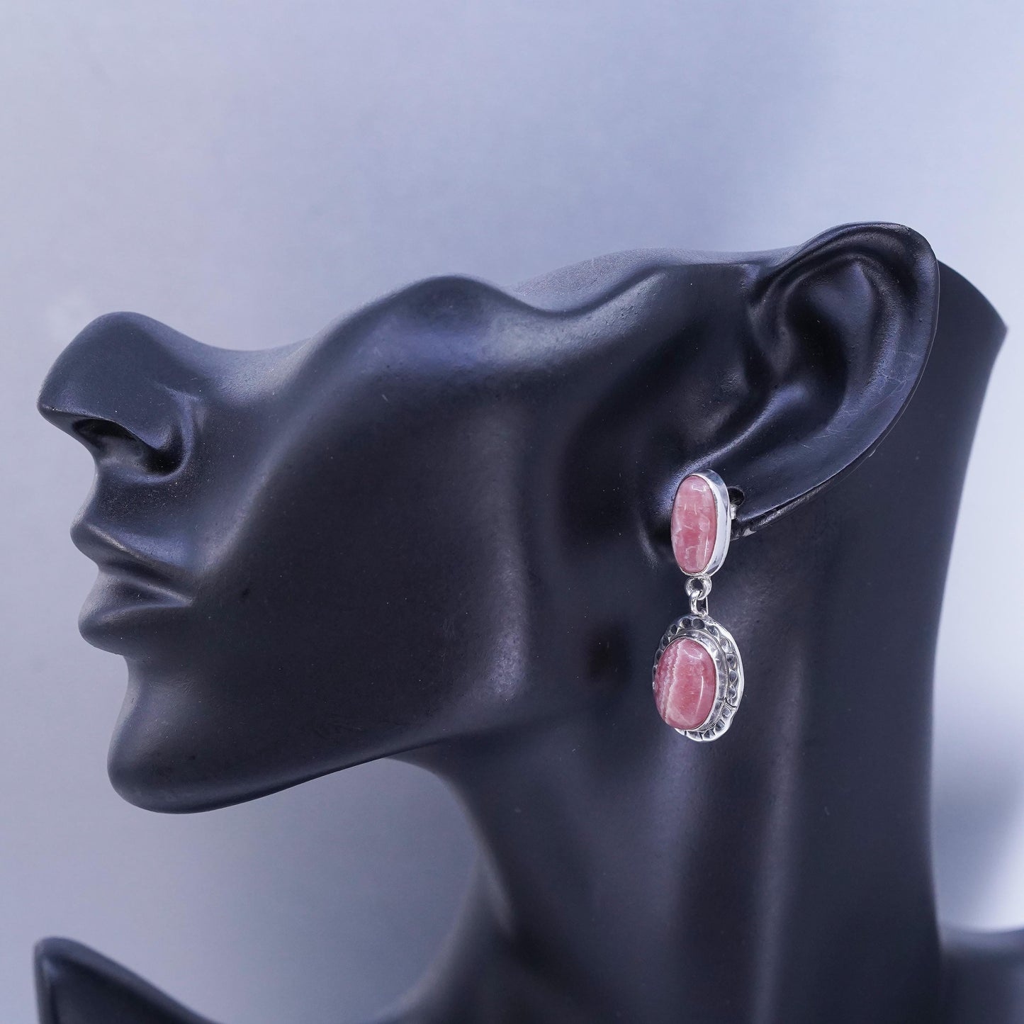 Vintage Sterling 925 silver handmade earrings with oval pink Rhodochrosite