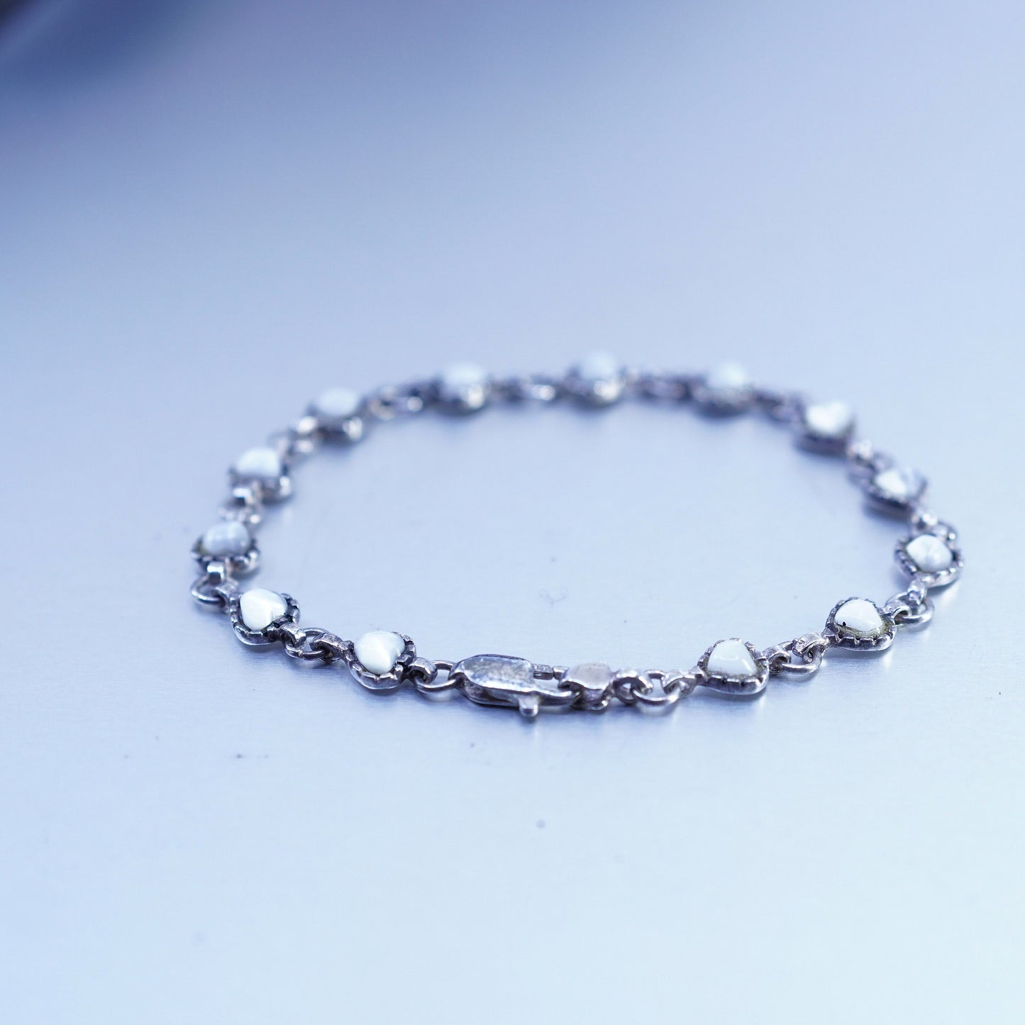 7”, vintage Sterling 925 silver handmade bracelet, heart chain white cats eye