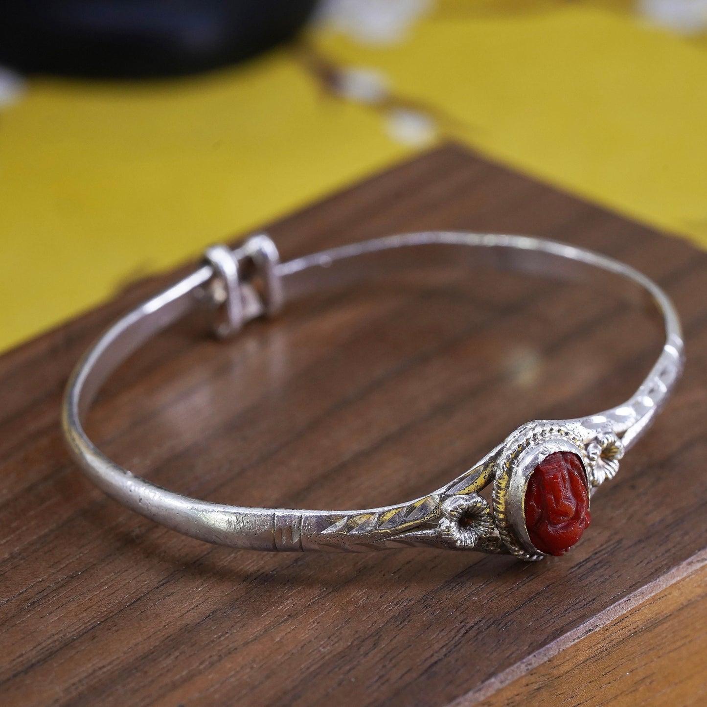 Vintage Sterling silver handmade bracelet, 925 baby bangle with carved cinnabar