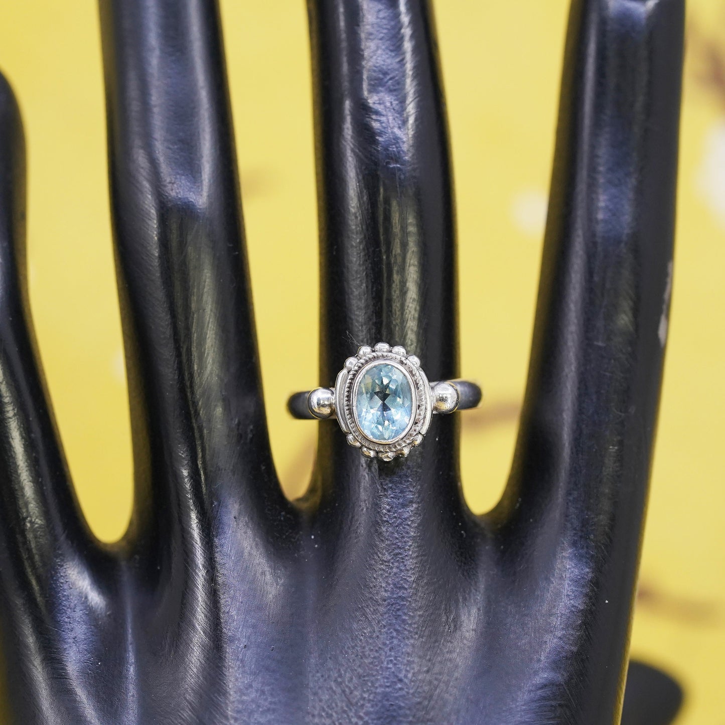Size 7, vintage Sterling 925 silver handmade beaded ring with blue topaz