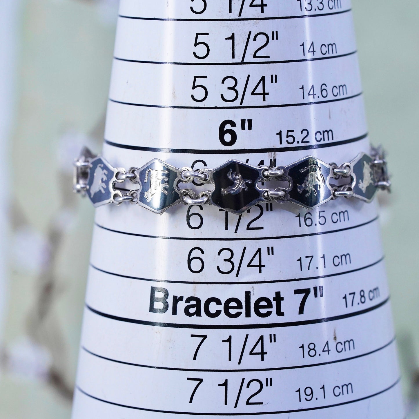 6.25”, Indian Siam sterling silver bracelet, 925 disc engraved 12 animal zodiac
