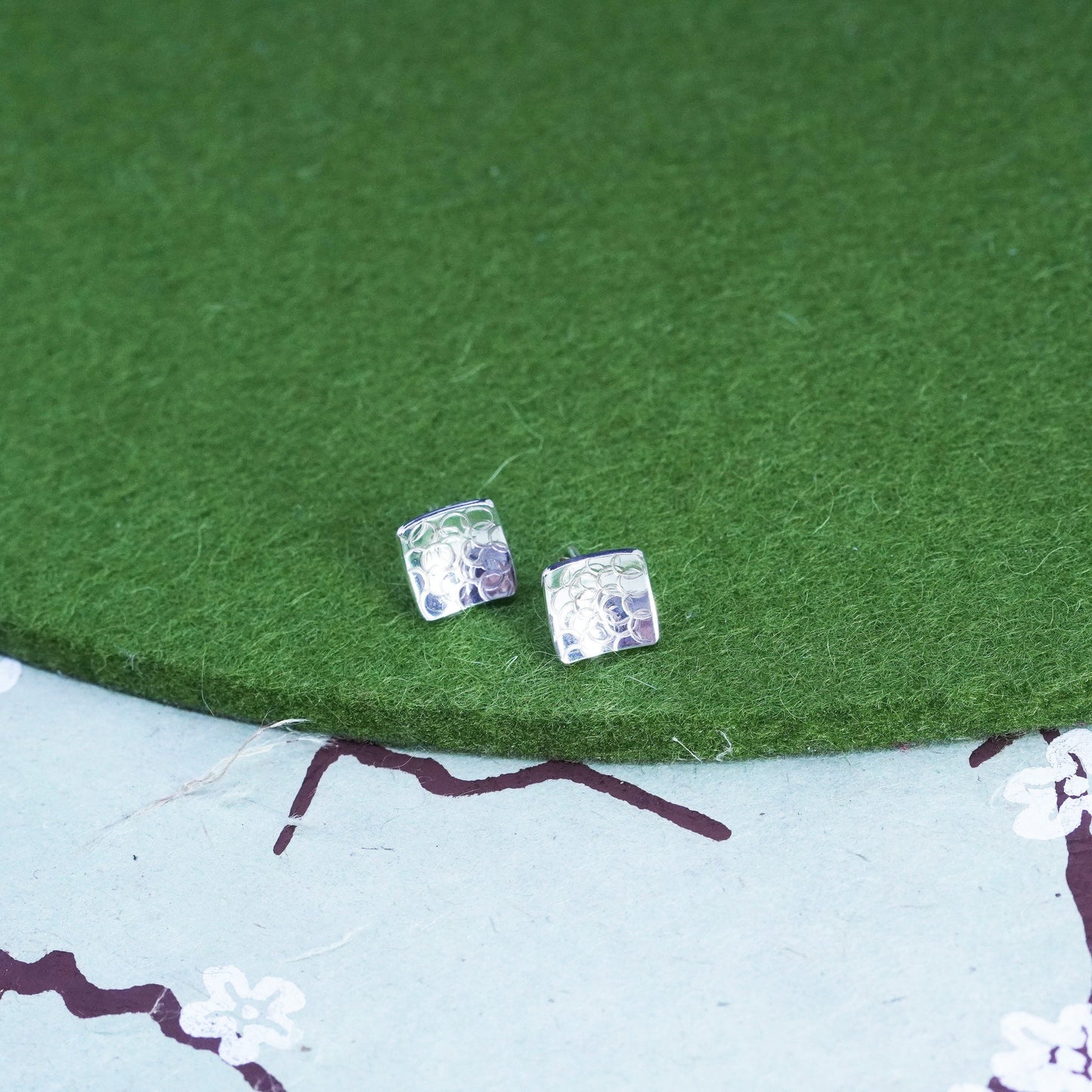 Vintage Sterling silver handmade earrings, 925 square studs textured embossed