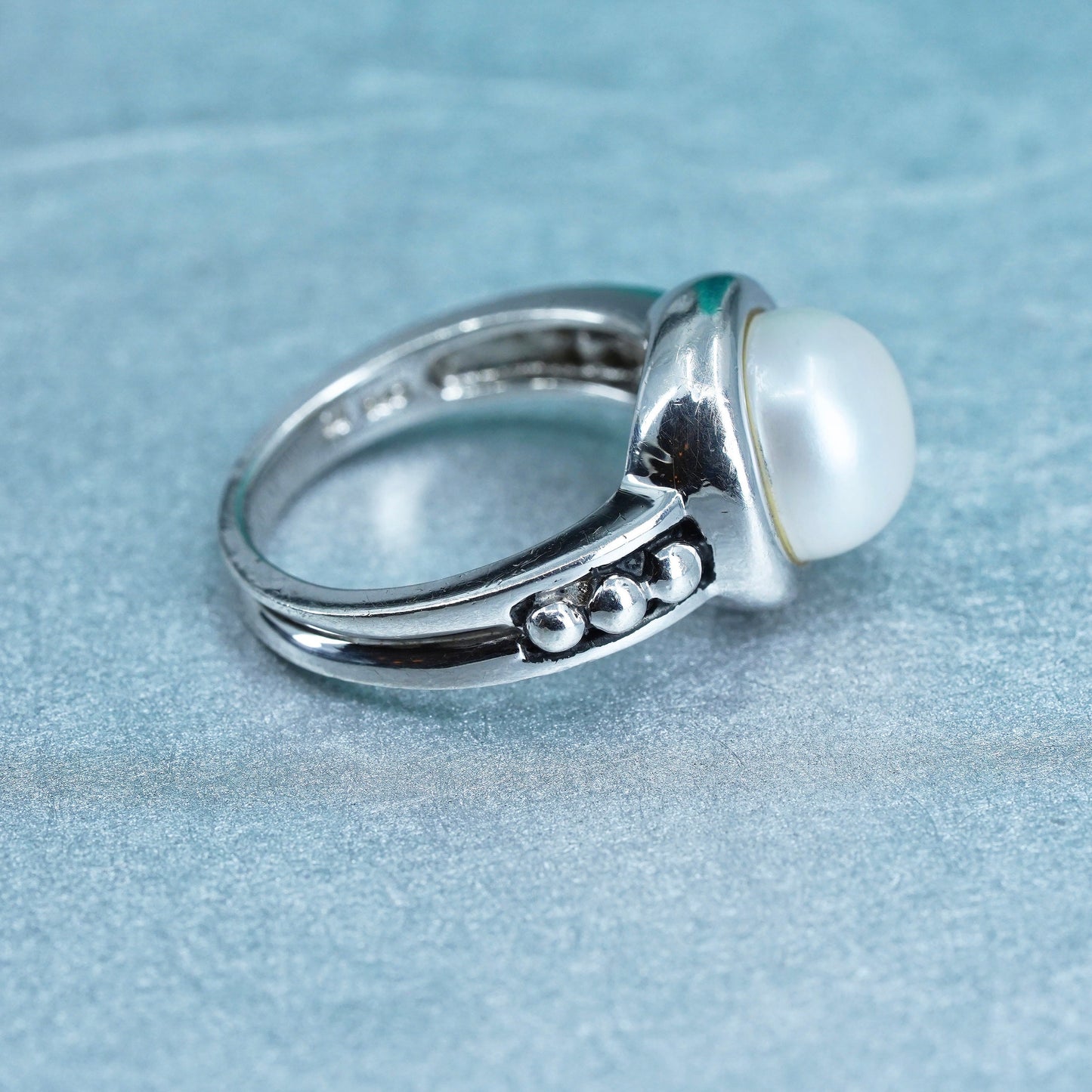 Size 7, vintage Sterling 925 silver handmade ring with pearl and beads