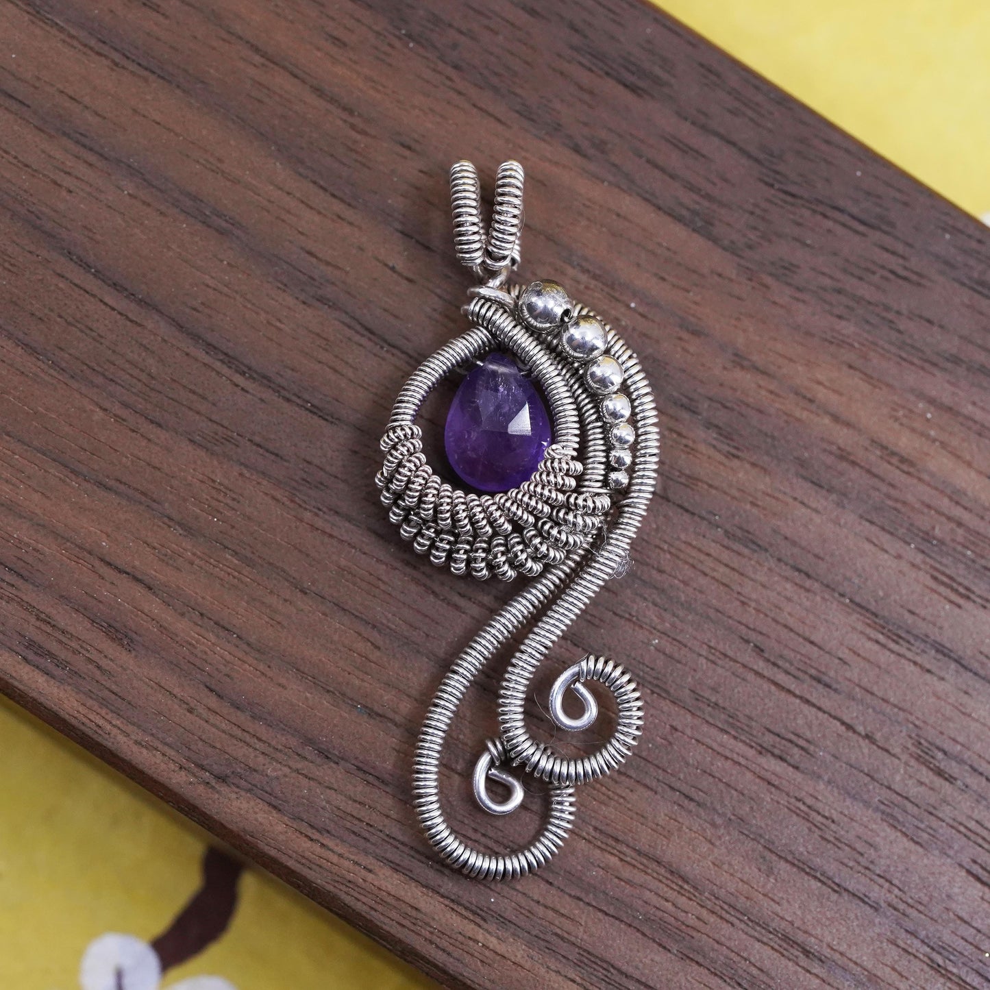 Vintage Sterling silver handmade pendant, 925 wired teardrop with amethyst