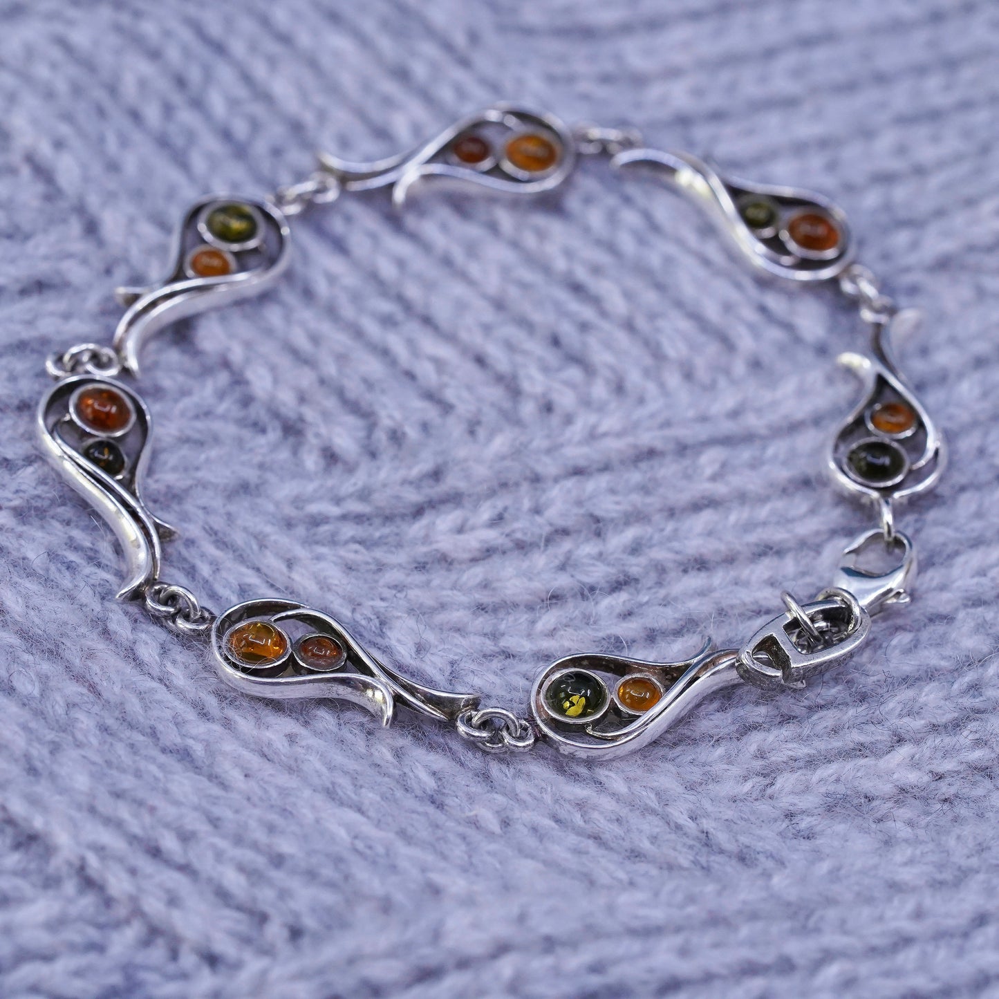 7”, vintage sterling 925 silver handmade bracelet with amber inlay