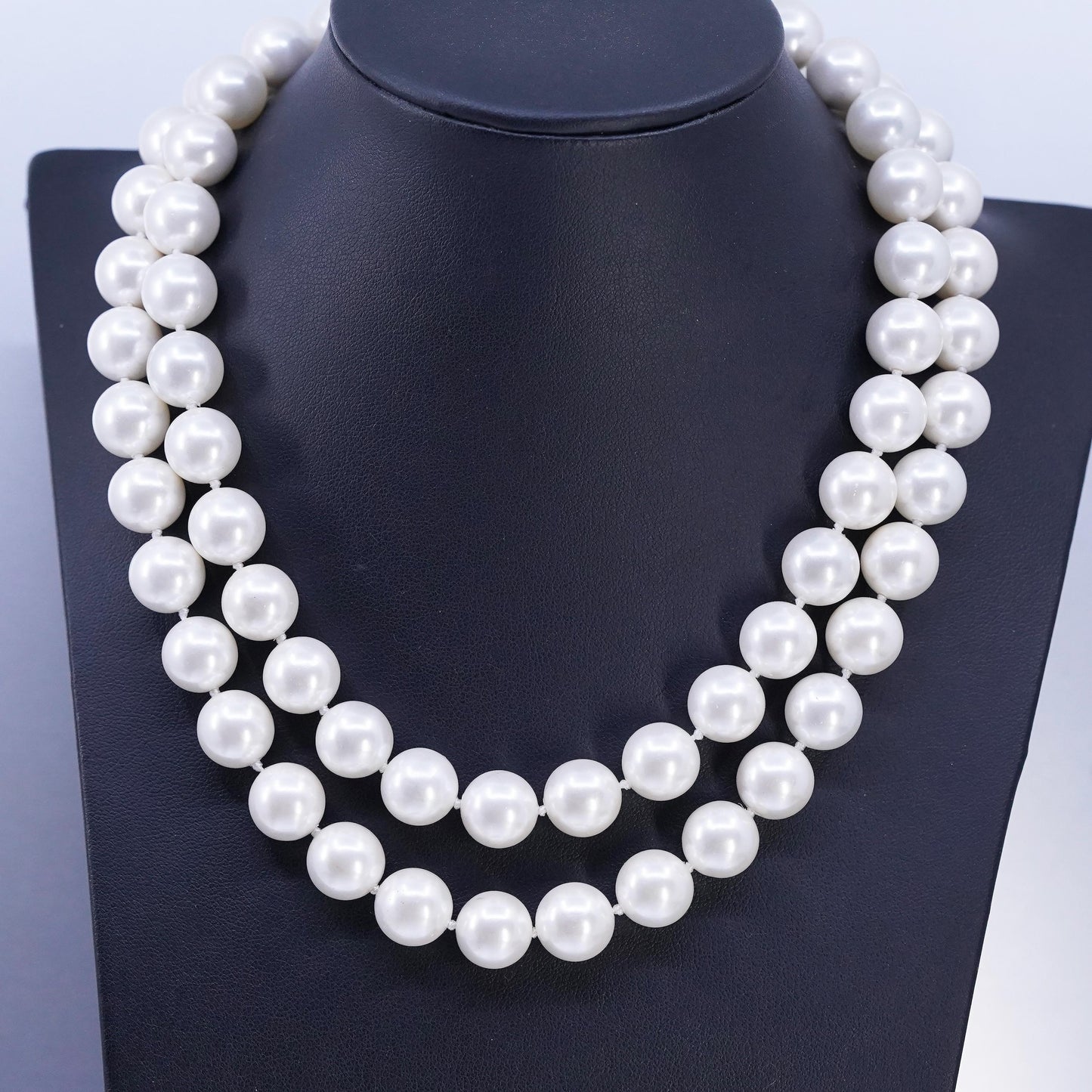 16", Sterling 925 silver double strands necklace faux pearl beads flower clasp