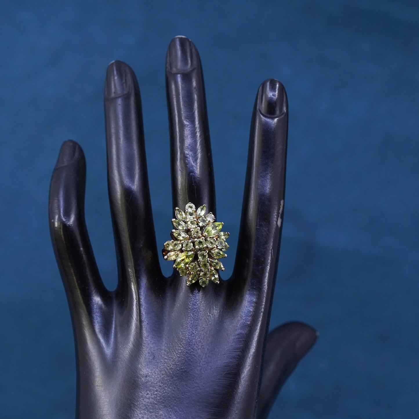 Size 7.25, vermeil gold over Sterling silver ring, 925 band w/ cluster peridot