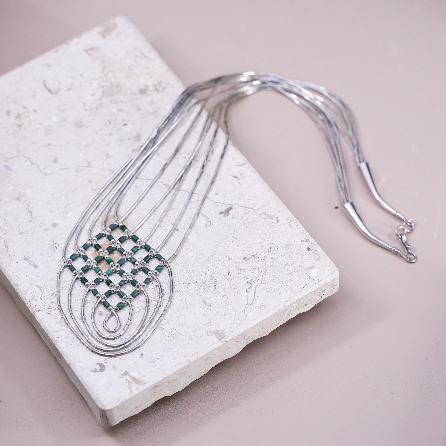 16”, Native American Navajo multi strands Sterling 925 liquid silver necklace