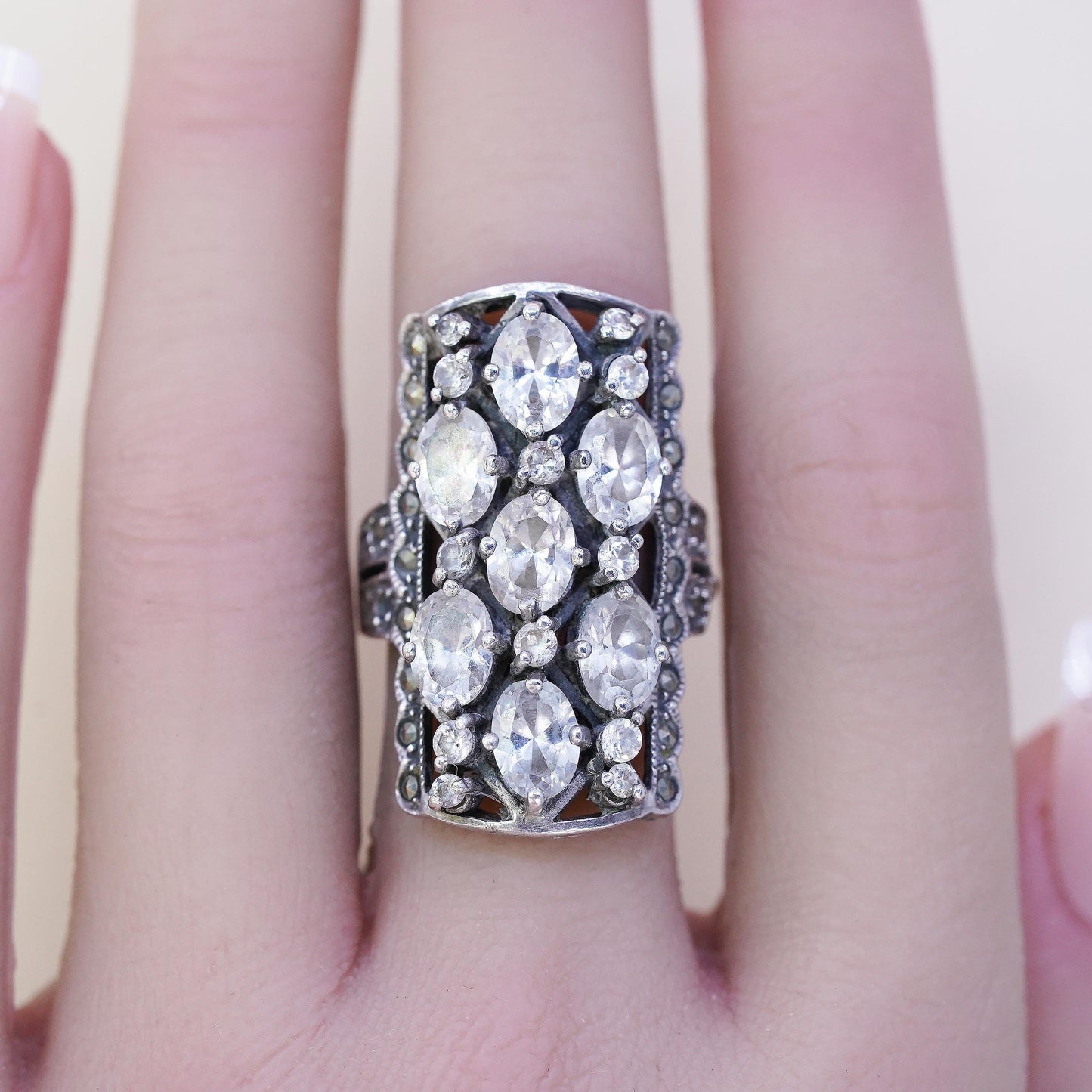 Size 7.25, 925 Sterling Silver Cluster CZ Ring, Marcasite Cocktail, Wide Band