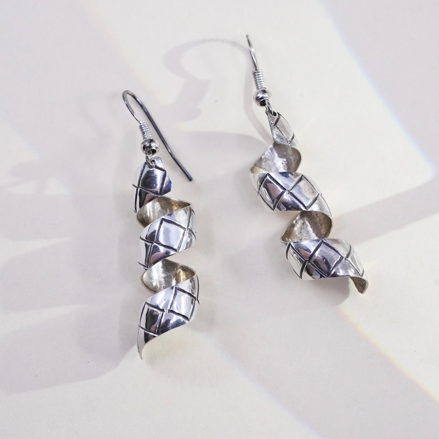 Vintage sterling silver handmade earrings, 925 twisted spiral dangles