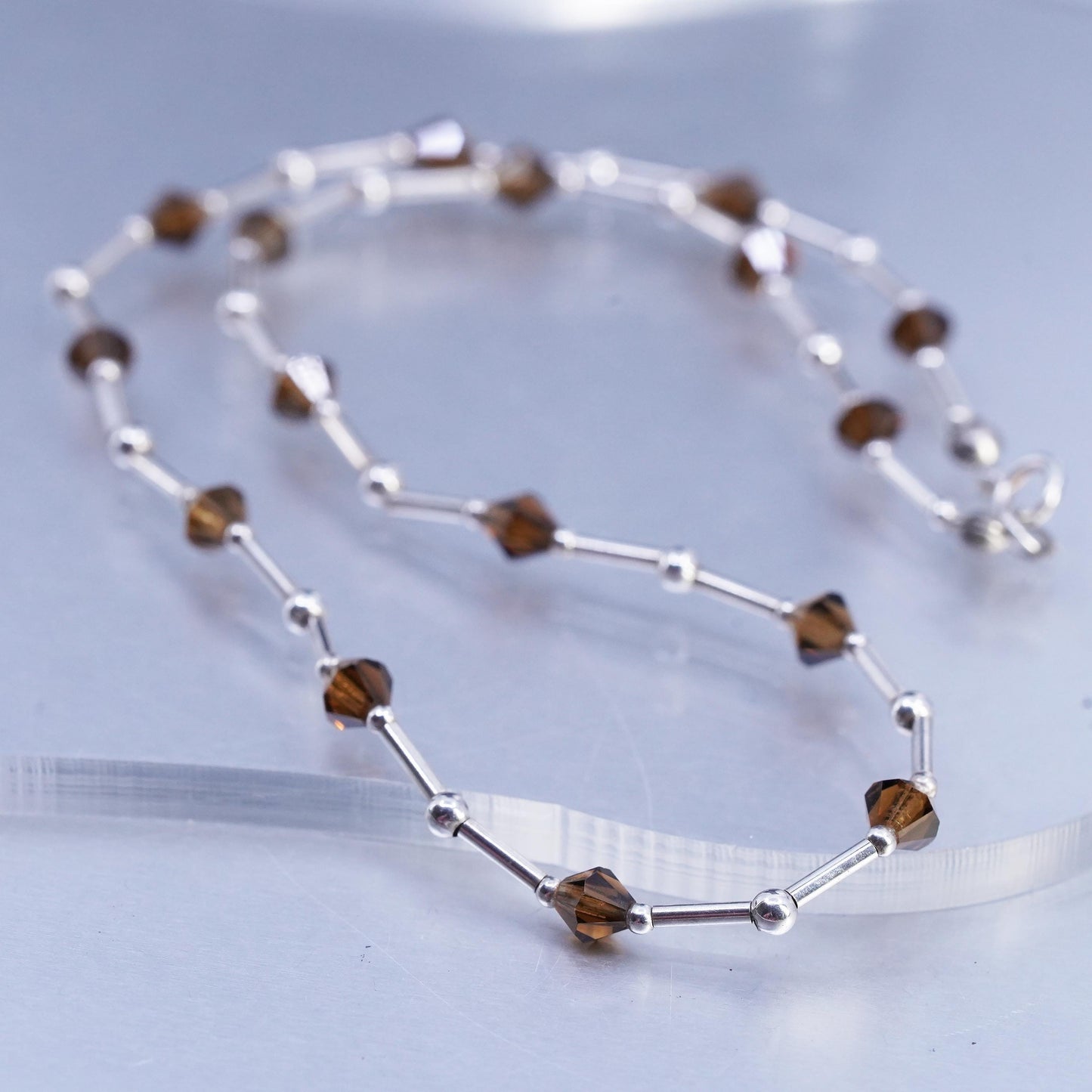16", Native American Sterling 925 liquid silver necklace brown crystal beads