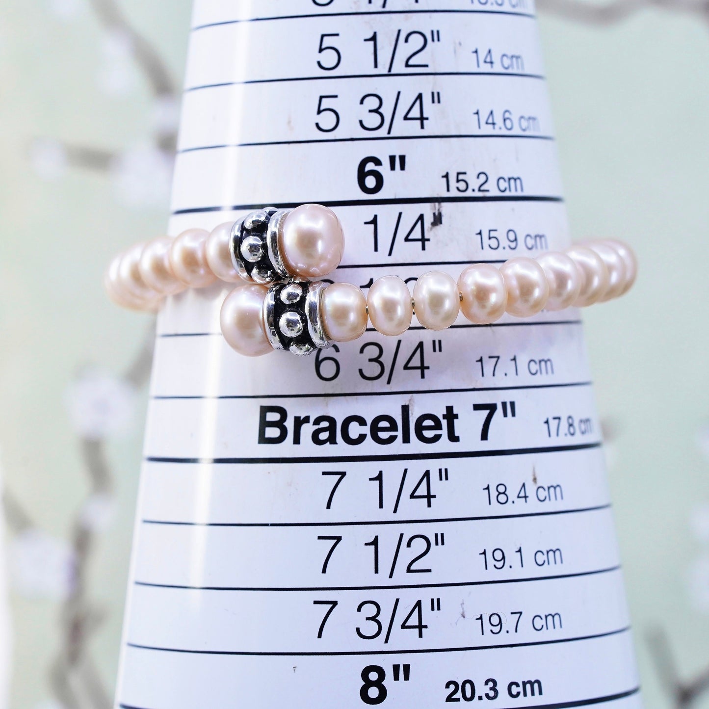 6.5”, vintage sterling silver bracelet, 925 cuff wrap bangle with 8mm pearl