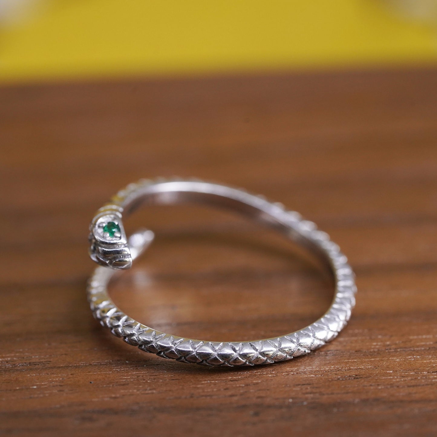 Size adjustable, Sterling silver ring, 925 snake wrap band with green enamel
