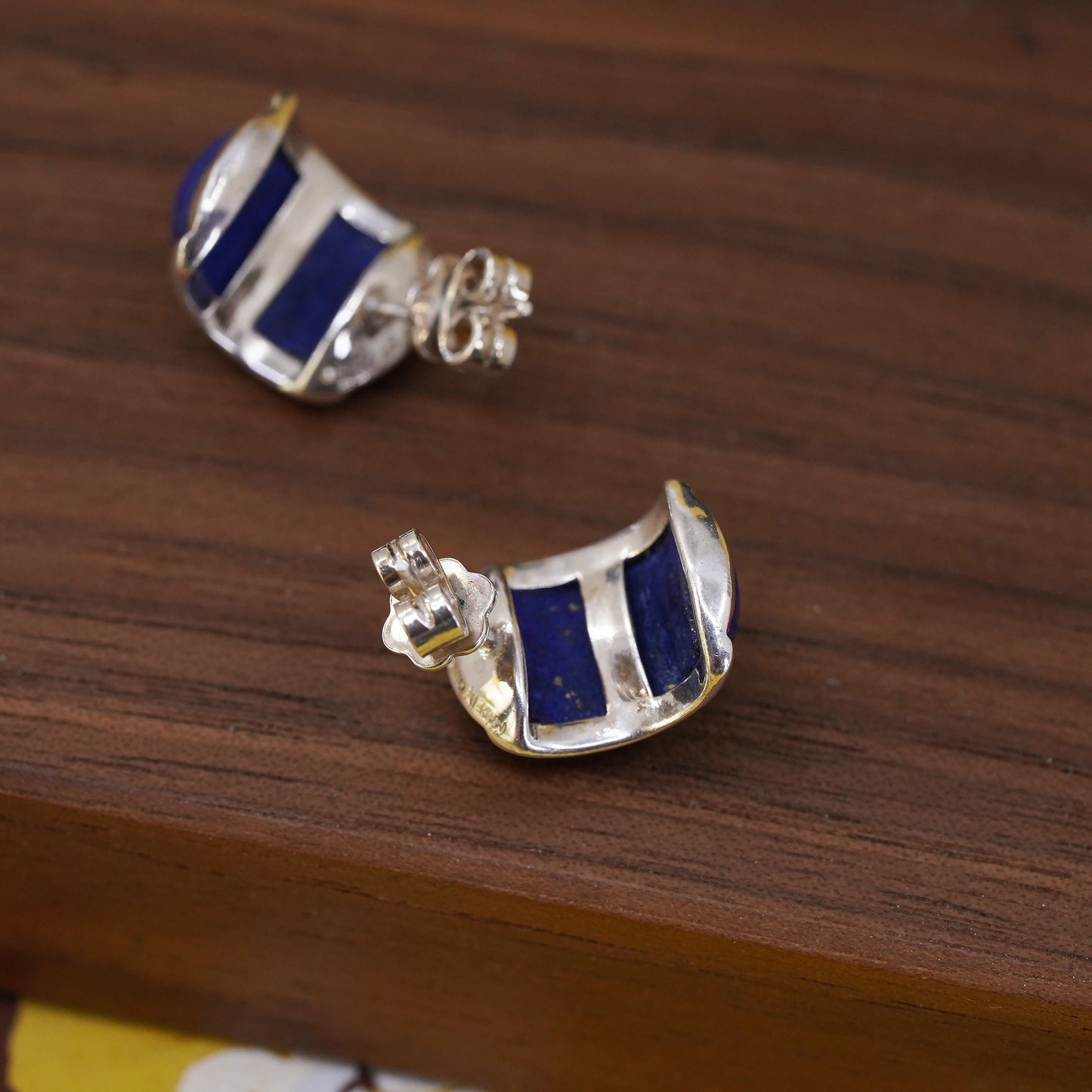 vintage Sterling silver handmade earrings, 925 huggie studs with lapis lazuli