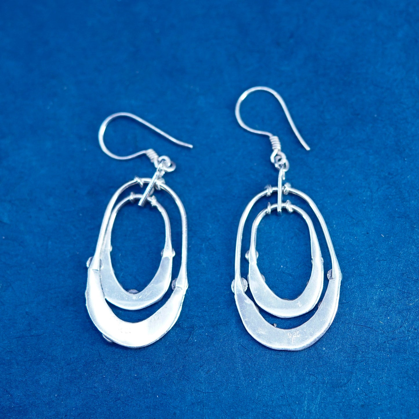 Vintage sterling silver handmade earrings, 925 oval shaped beaded drop