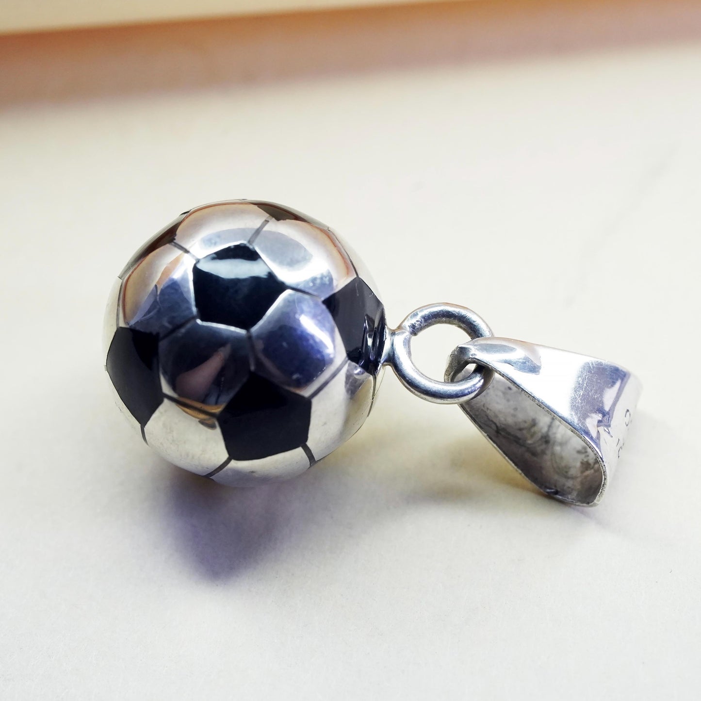 Mexican sterling silver pendant, 925 silver football soccer charm black enamel
