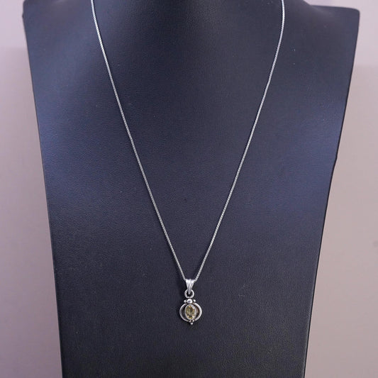 18" 1mm, vintage Sterling silver necklace, 925 box chain with citrine pendant