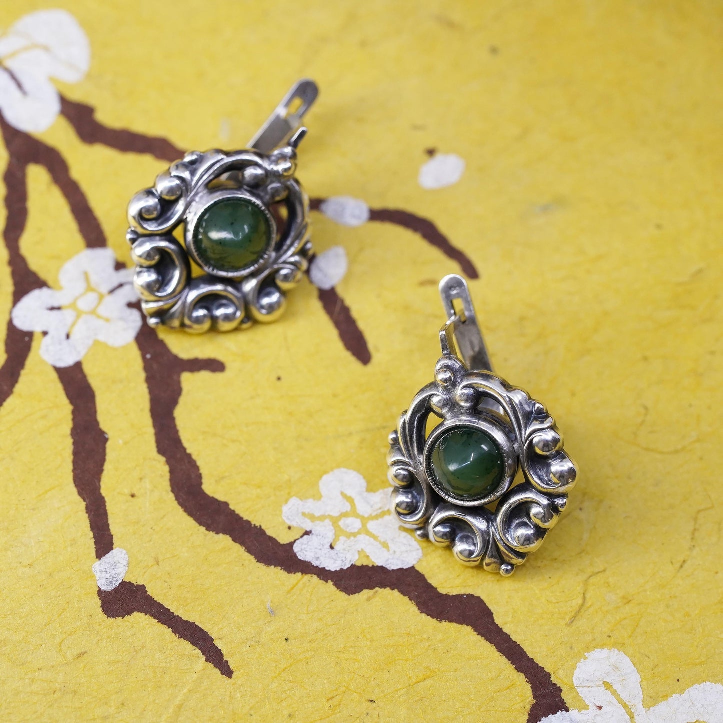 Soviet Sterling Silver 875 studs Earrings with jade lever back, USSR Jewelry