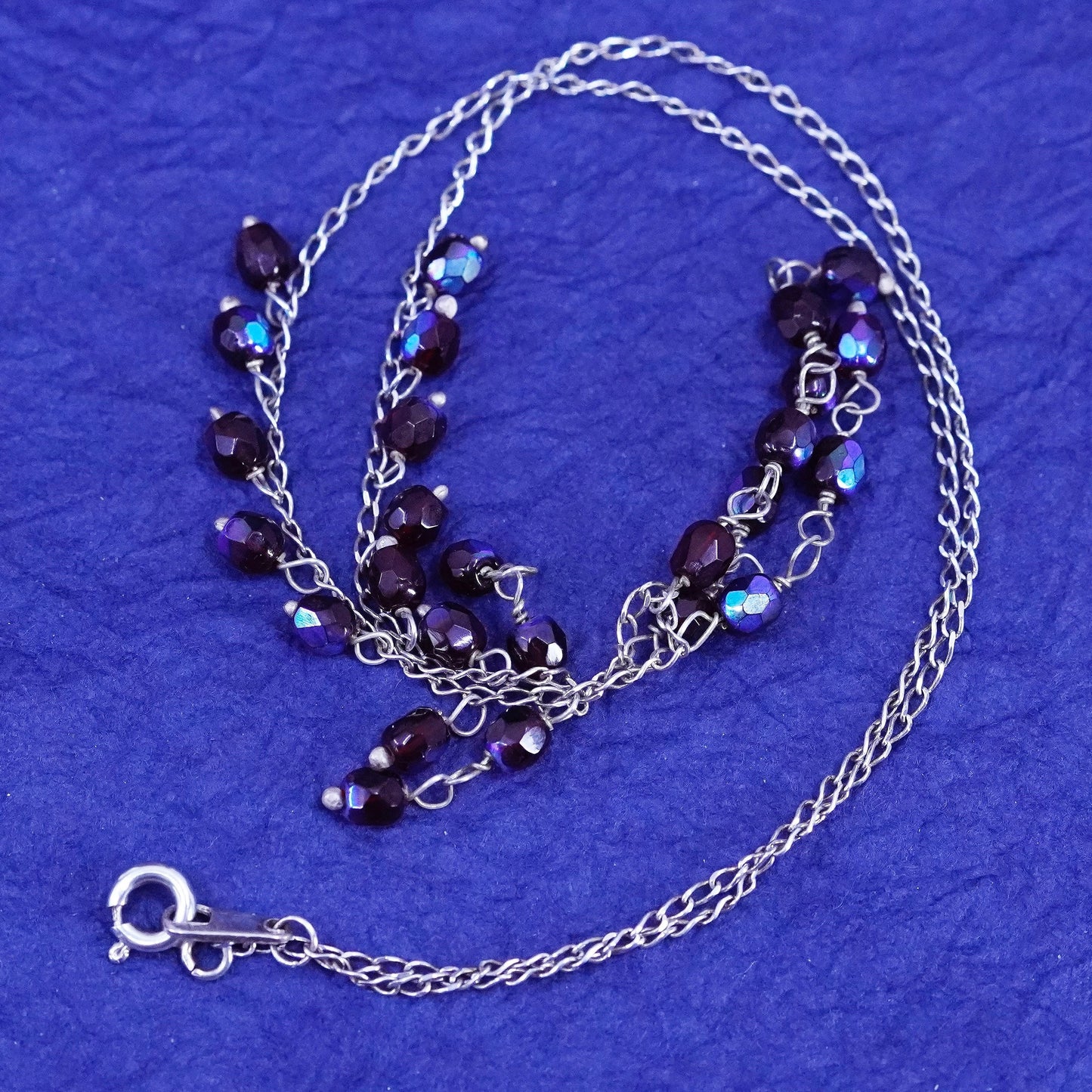 16”, Sterling silver handmade necklace, 925 curb chain with garnet bead fringe