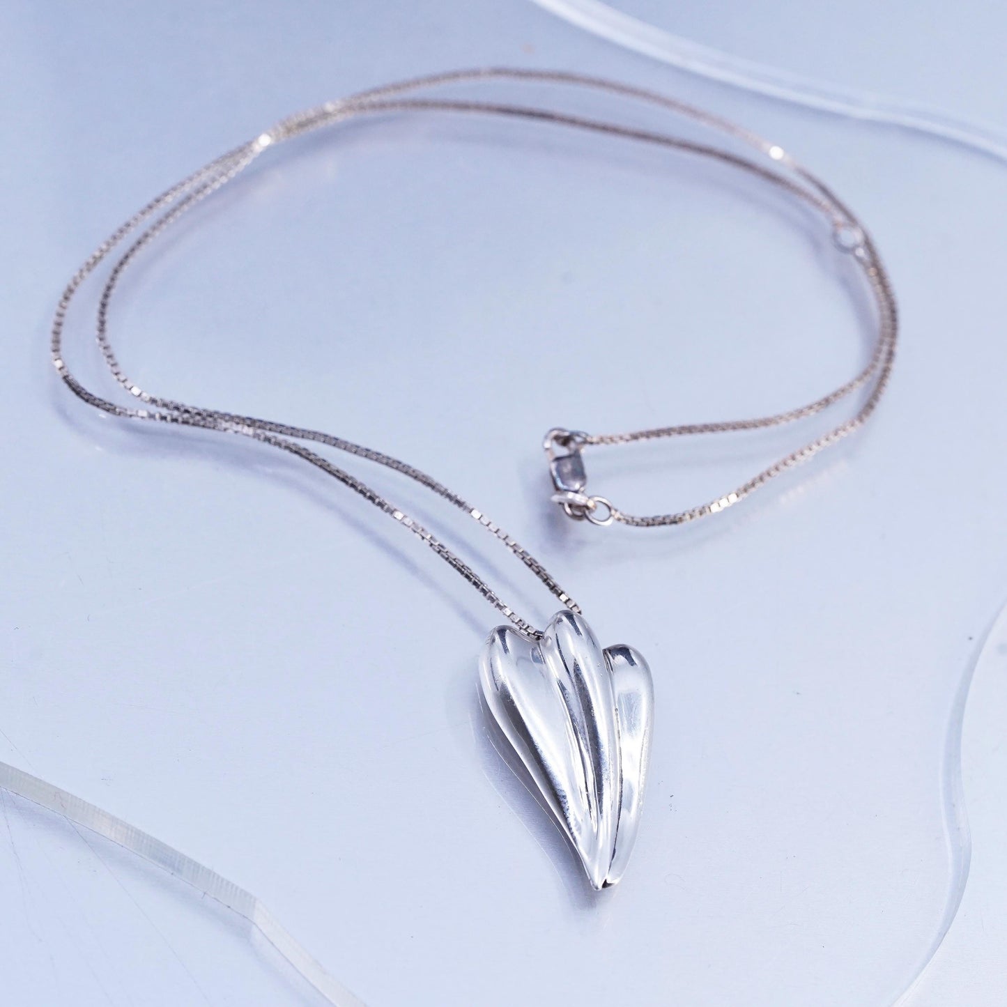 16+2", 925 Sterling Silver Vintage box Necklace with ribbed teardrop pendant