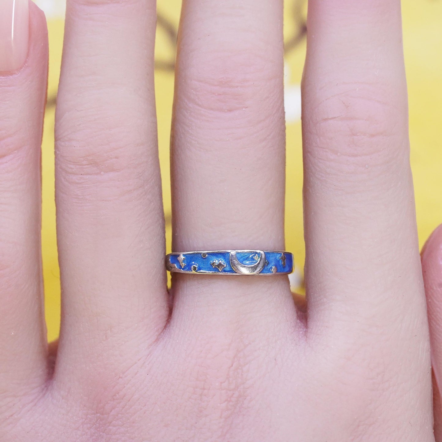 Size adjustable, vintage Sterling silver 925 ring with blue enamel moon star