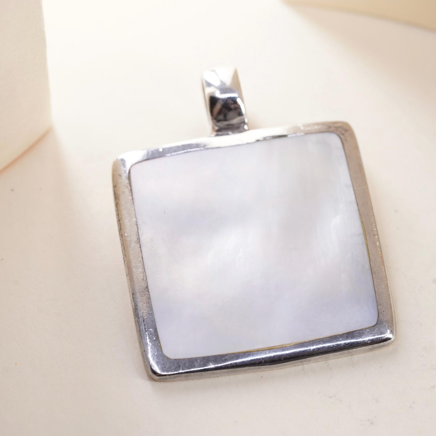 Vintage sterling 925 silver handmade square pendant with mother of pearl inlay