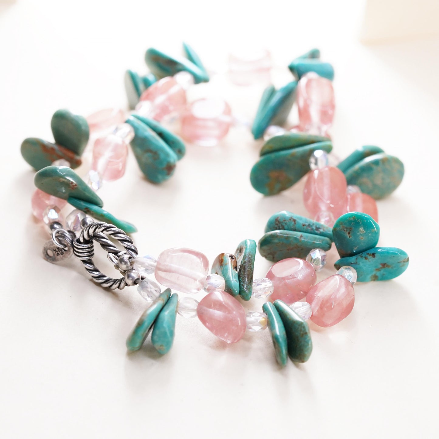 7”, VTG southwestern Sterling 925 silver bracelet turquoise pink quartz beads
