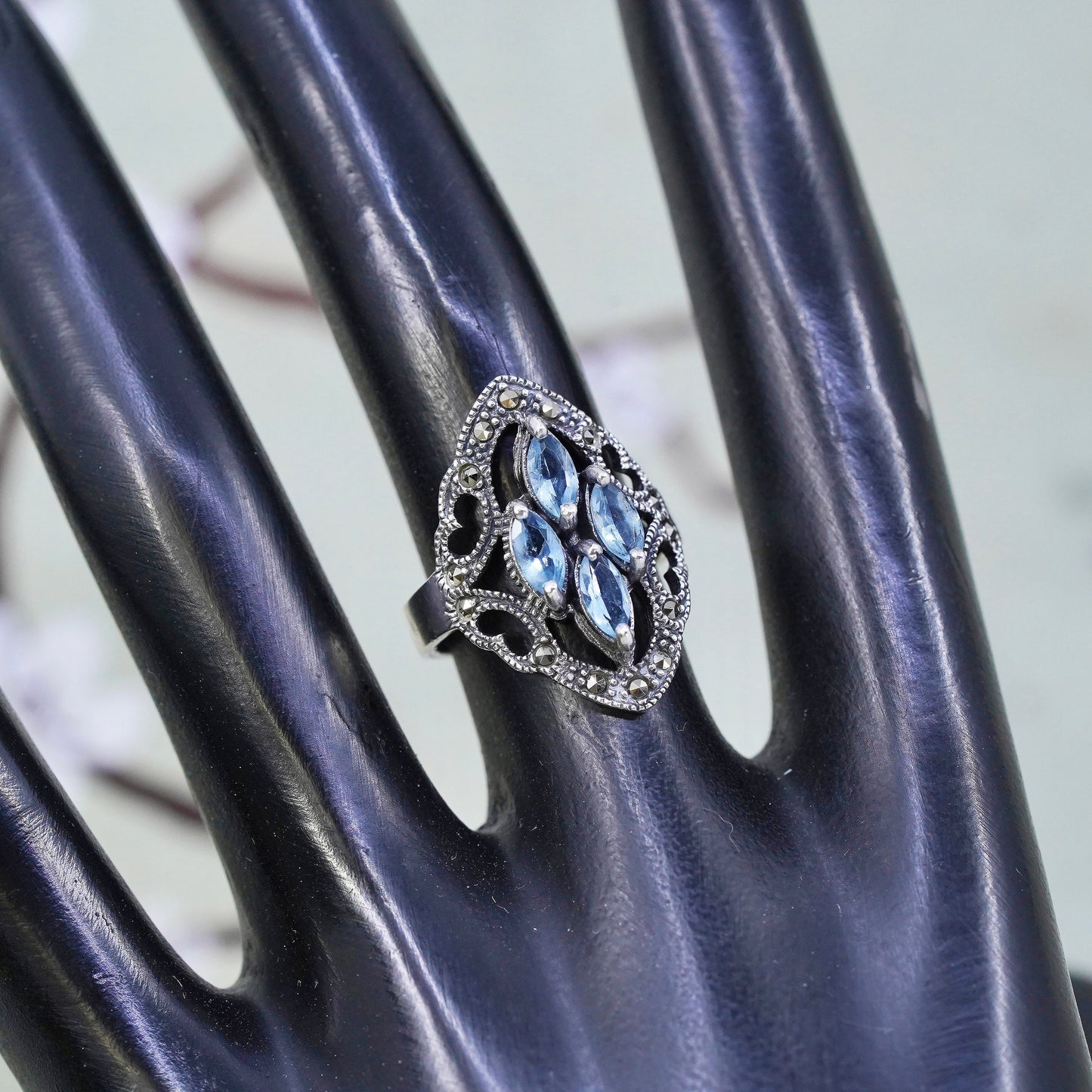 Size 6, Sterling 925 silver handmade ring with blue Crystal and marcasite
