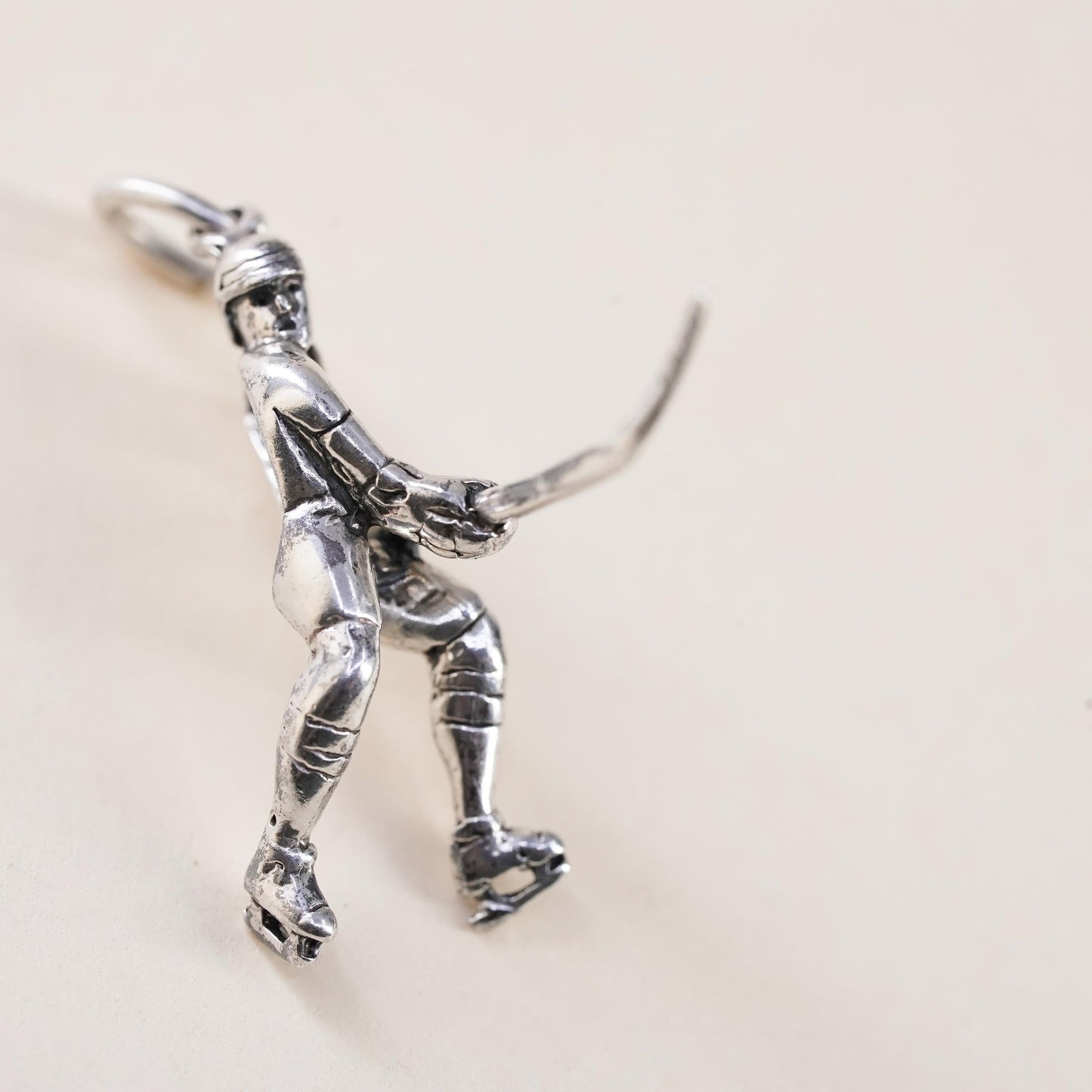 Sterling 925 Silver Hockey Player Charm Pendant, 3D Ice Hockey Skater w/ Stick