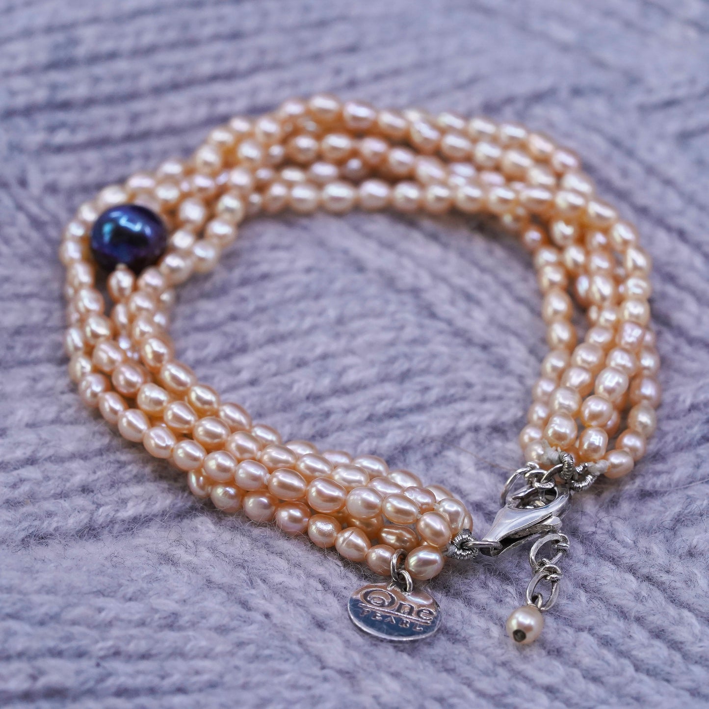 6.75+1", One Pearl Sterling 925 silver multi strands bracelet orange pearl bead