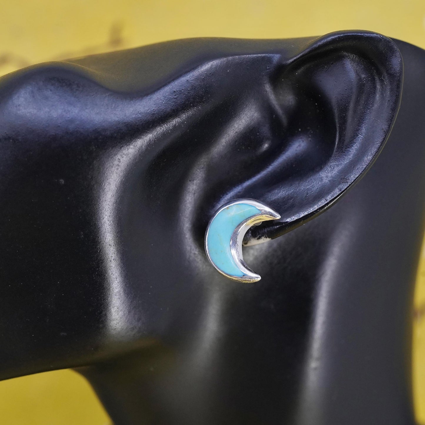 vintage Sterling 925 silver handmade studs, moon earrings with turquoise inlay