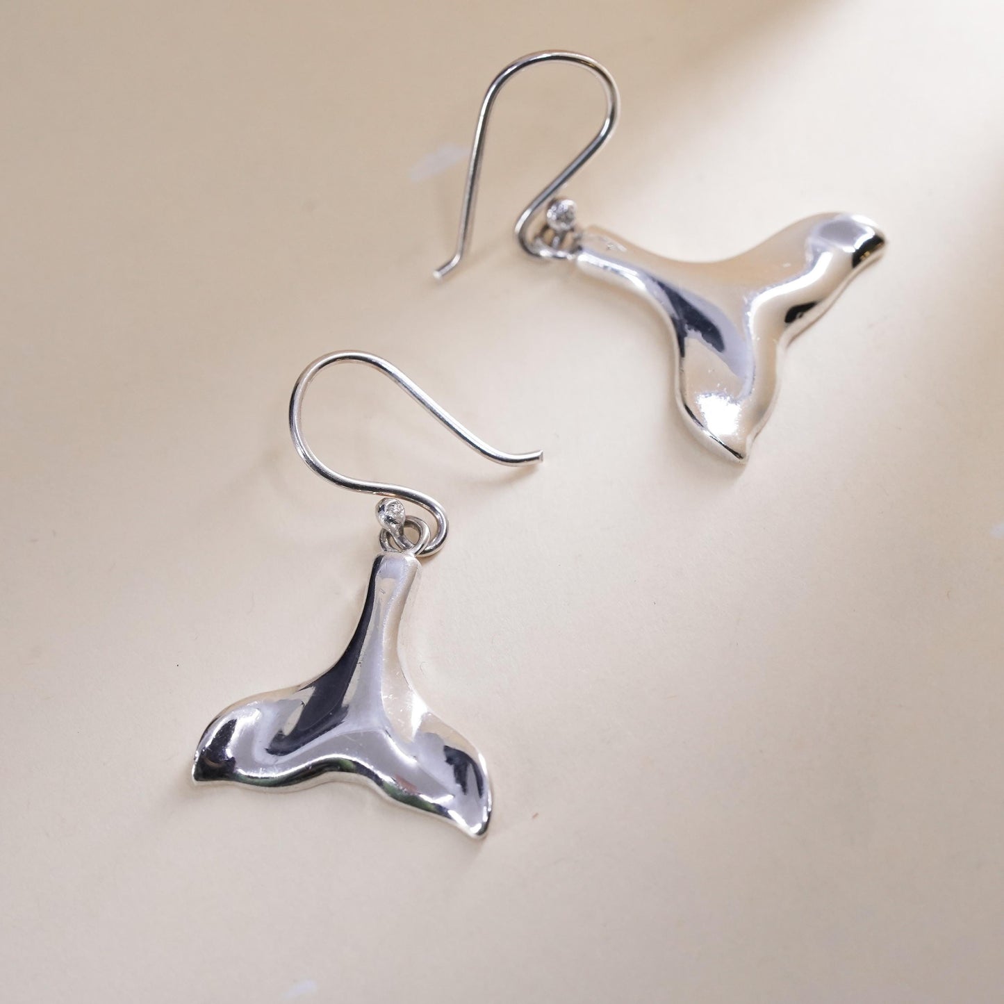 Vintage Sterling silver handmade earrings, 925 silver whale tail dangles