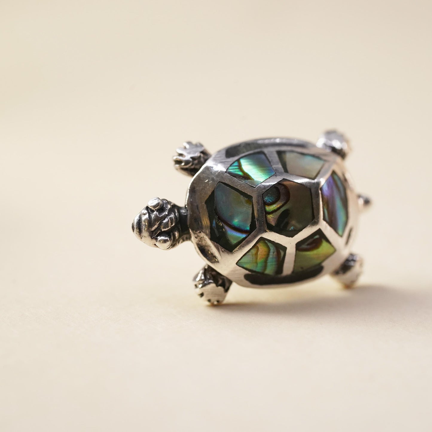 Vintage handmade single earring. Sterling 925 silver turtle stud with abalone
