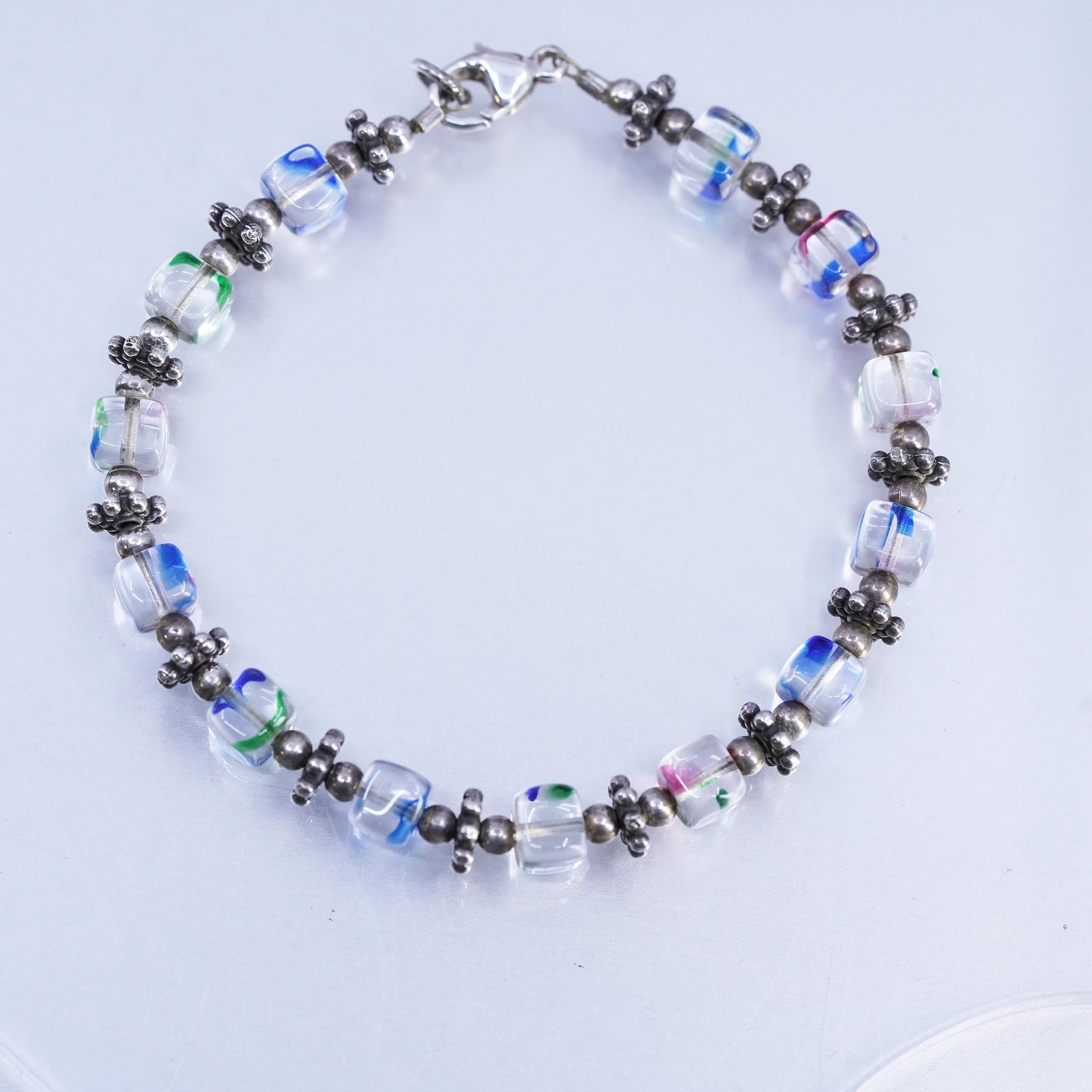 7", Vintae Sterling 925 Silver Handmade Bracelet, Crystal cube beads