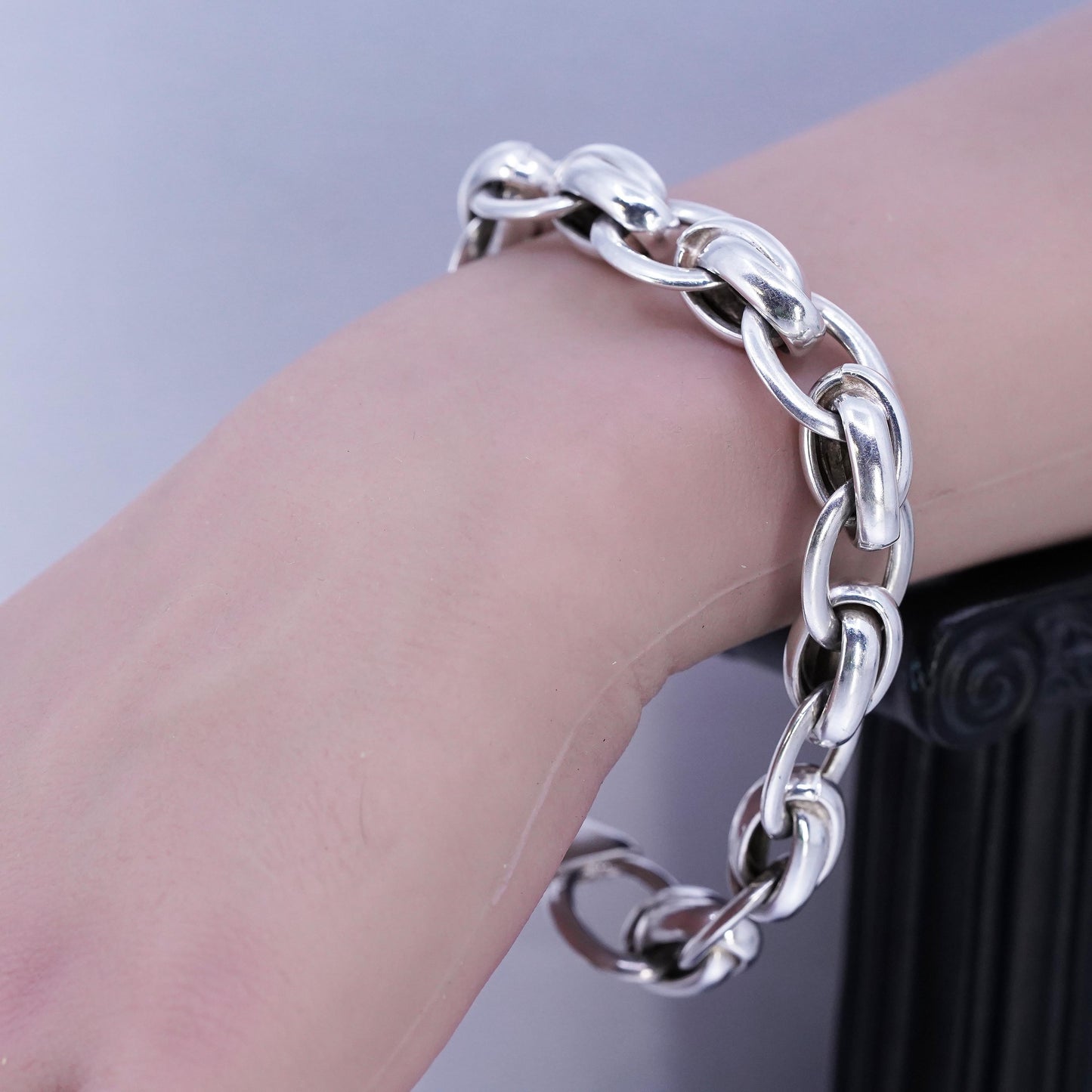 7.75", vintage Sterling 925 silver handmade bracelet, bold double oval chain