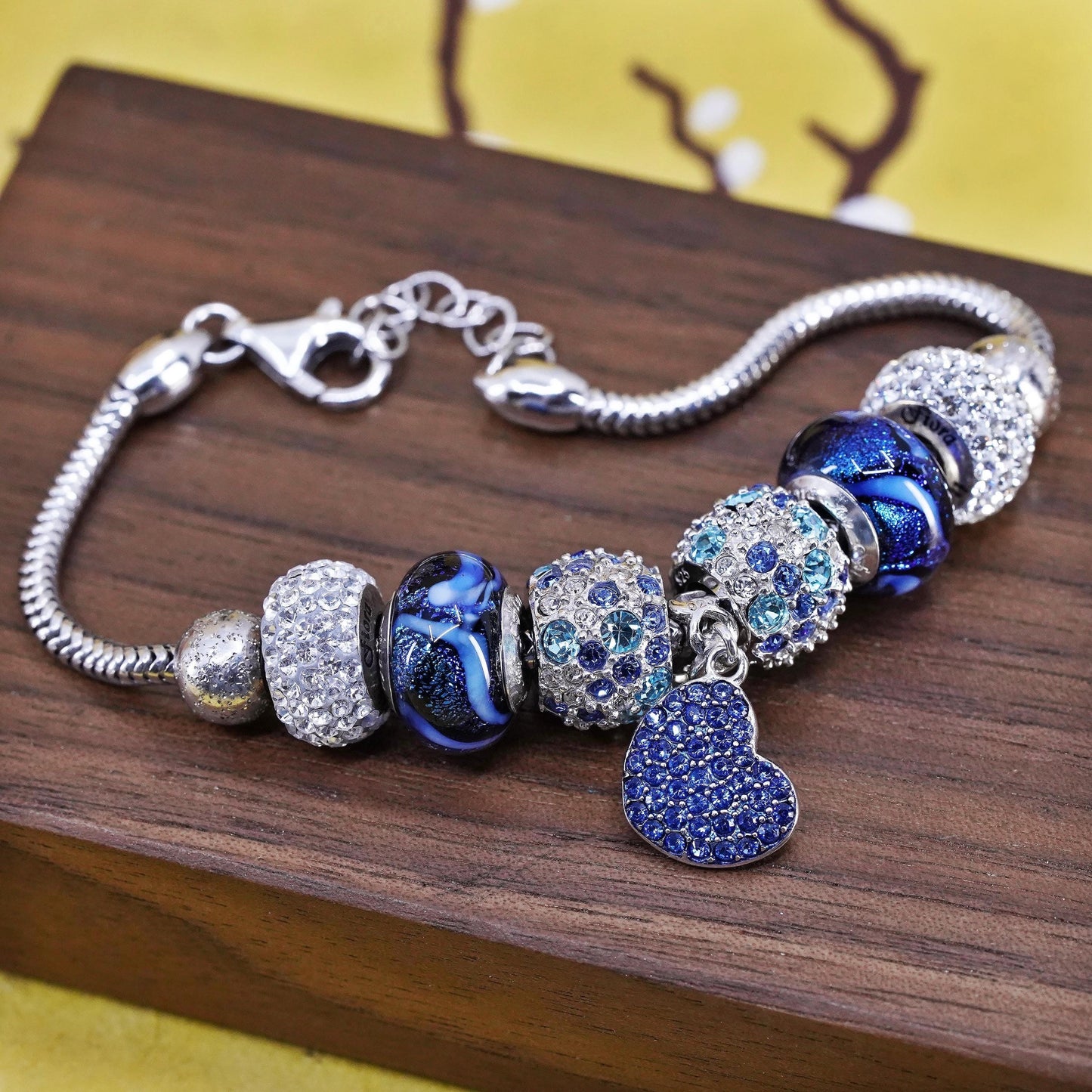 7+1", Fiora sterling silver bracelet, 925 snake chain glass beads heart charm