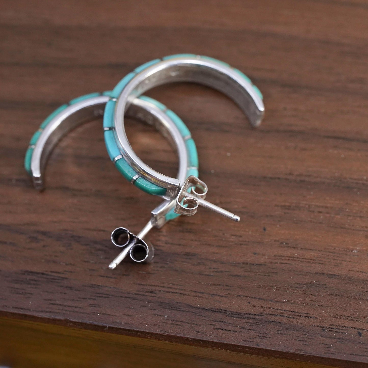 1” Native American Nastacio sterling silver earrings 925 huggie studs turquoise