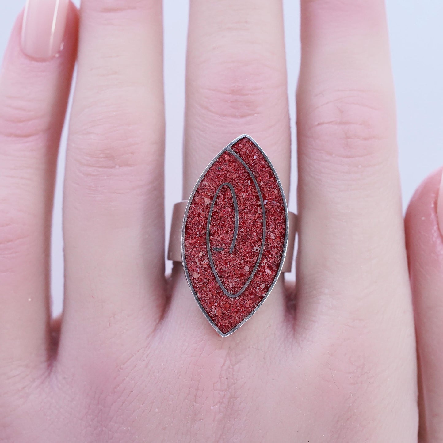Size 7.5, southwestern Sterling 925 silver handmade spiral ring with coral