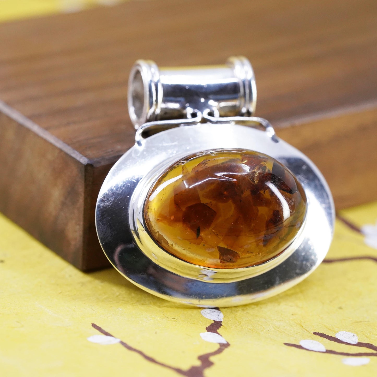 Vintage modern Sterling 925 silver handmade huge slide pendant amber pendant