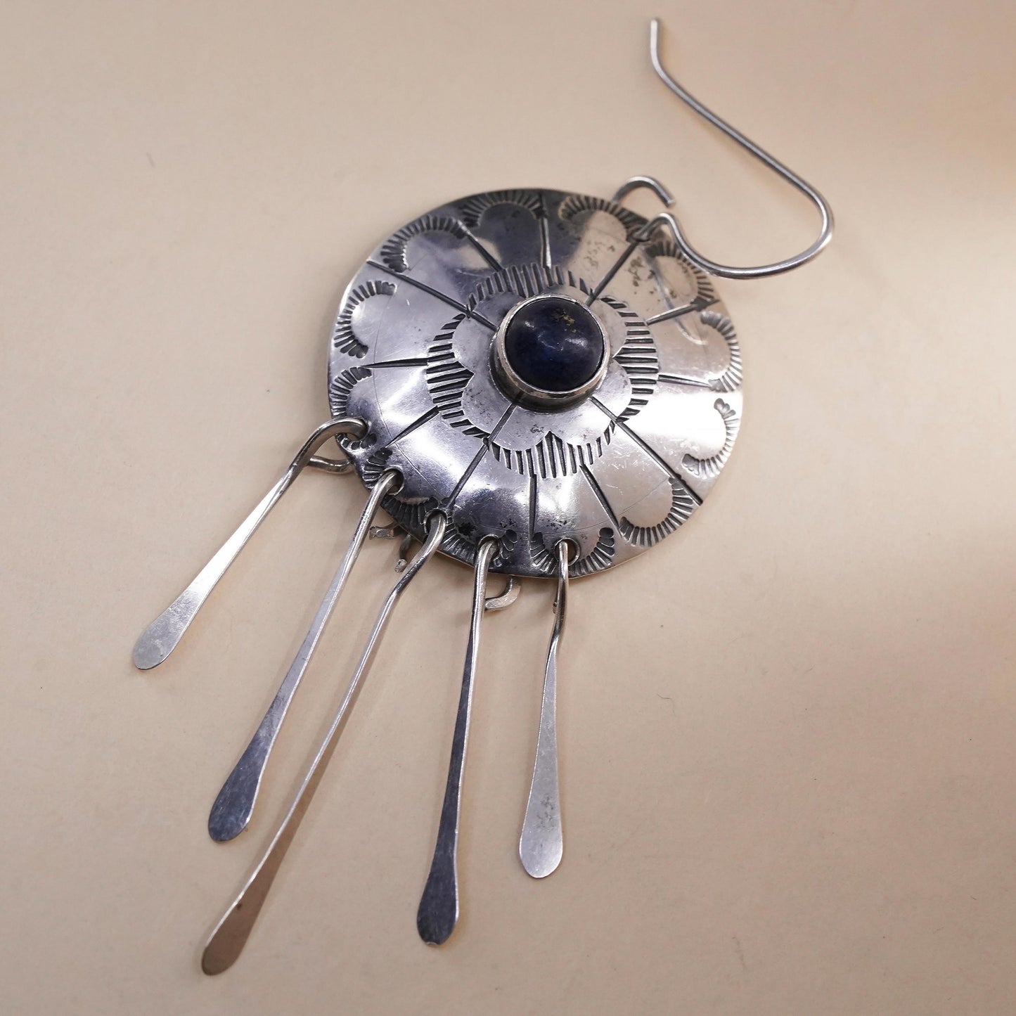 Native American Navajo single earring. Navajo Sterling 925 silver lapis fringe