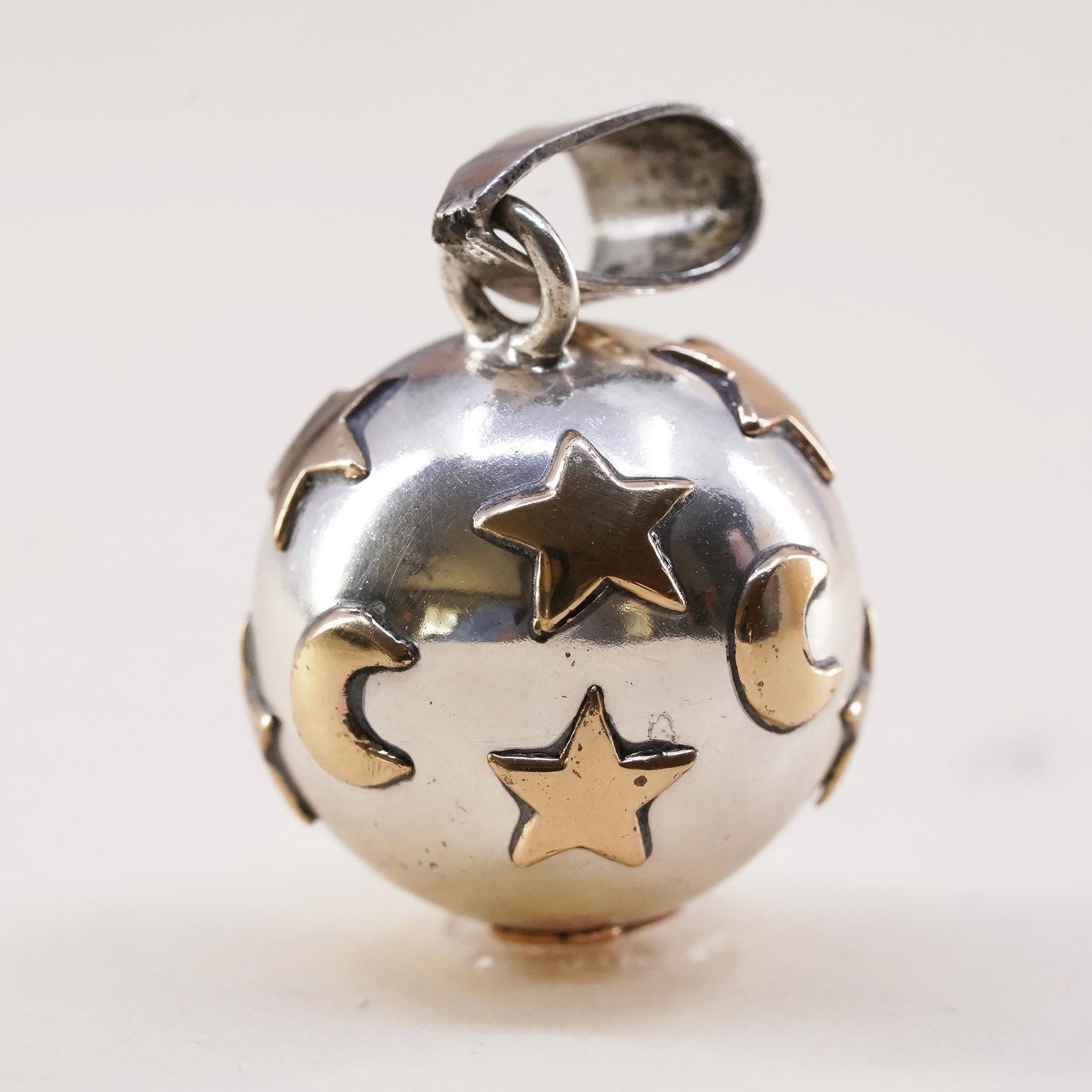 0.75” two tone Sterling silver polished chime harmony ball, 925 bell star moon