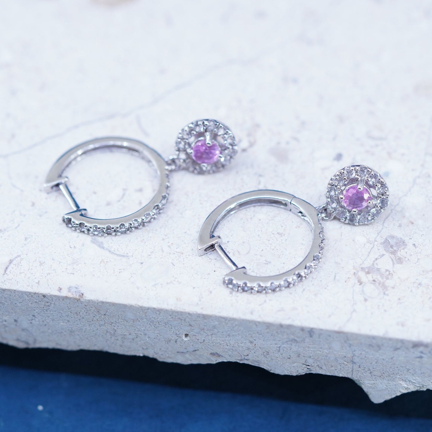 0.75”, Vintage Sterling silver earrings, 925 hoops, huggie w/ cluster cz drops