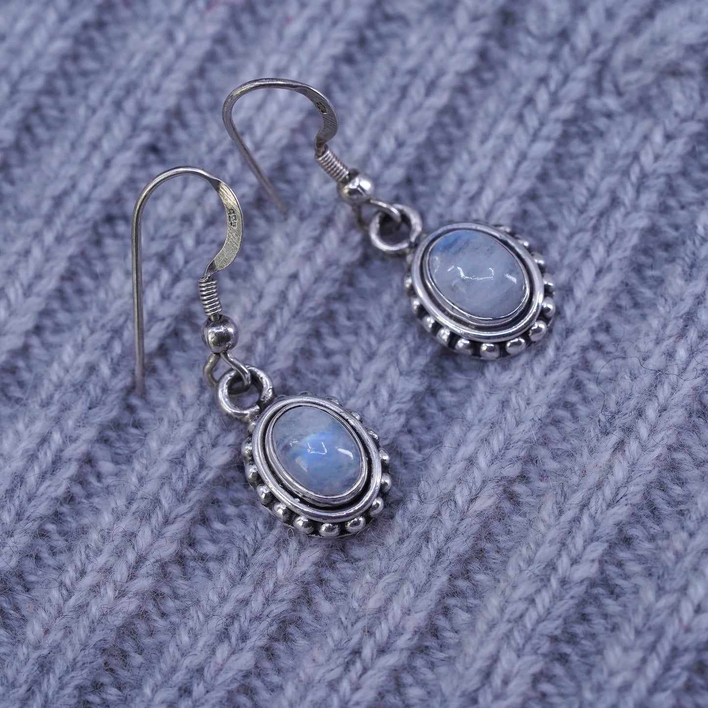 Vintage Sterling 926 silver handmade earrings with oval moonstone and beads